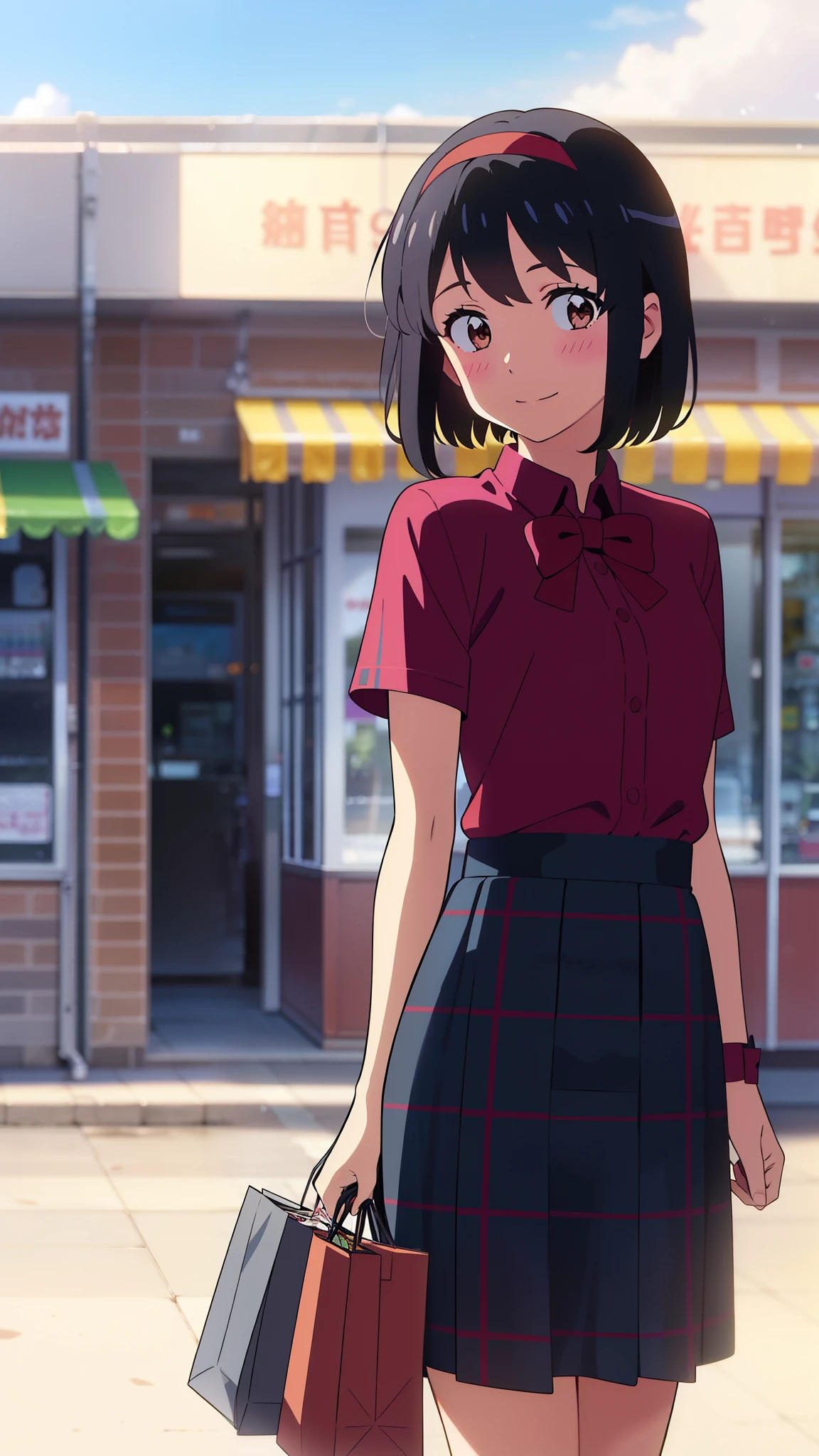 shinkai makoto, kimi no na wa., 1girl, bangs, black hair, blush, brown eyes, red headband, red bow, red ribbon, Everyday clothes, Fashionable clothes, black plaid skirt, short sleeves, short hair, smile, cute, solo, looking at viewer, Holiday Afternoon, enjoying shopping, beautiful sky
