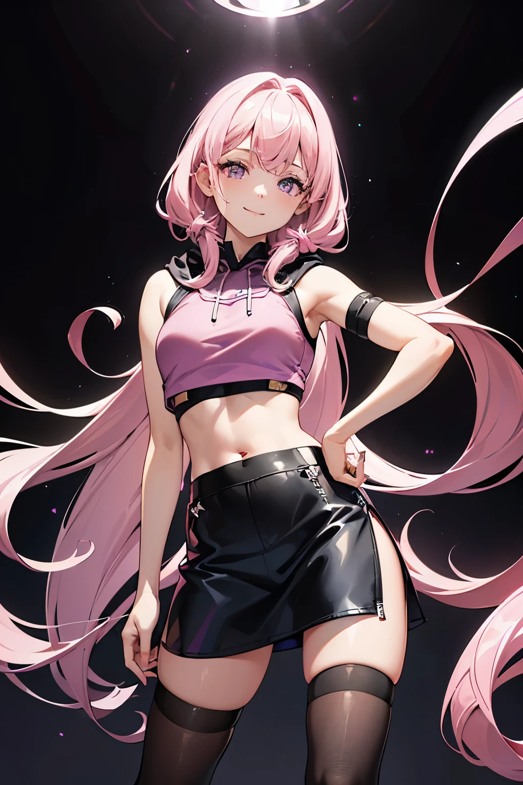 cosmologist, solo, (young girl), smiling, purple eyes, (pale-pink long hair), ((pink crop-top hoodie)), techwear, standing, (black stockings), black thigh skirt, (ultra detailed), (masterpiece), (highres), (original), (extremely detailed CG unity 8K wallpaper)