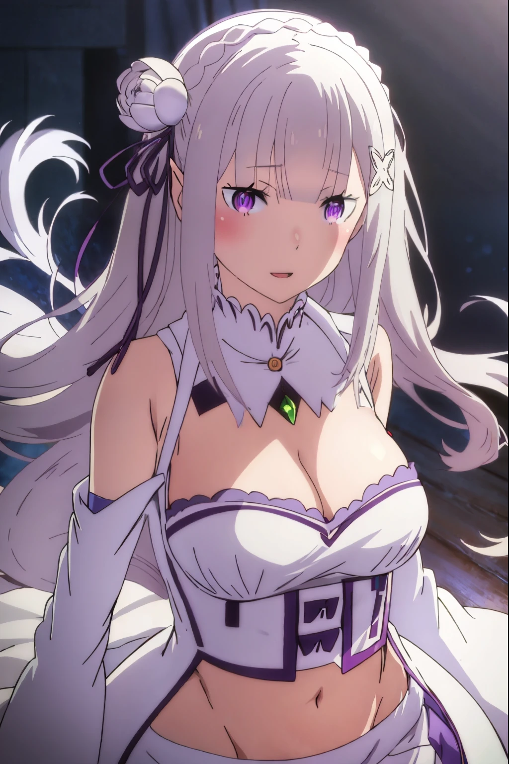 2d anime, woman, emilia from re:zero, long white hair, purple eyes, white clothes, cleavage, stomach, sexy, fair skin, masterpiece, best quality