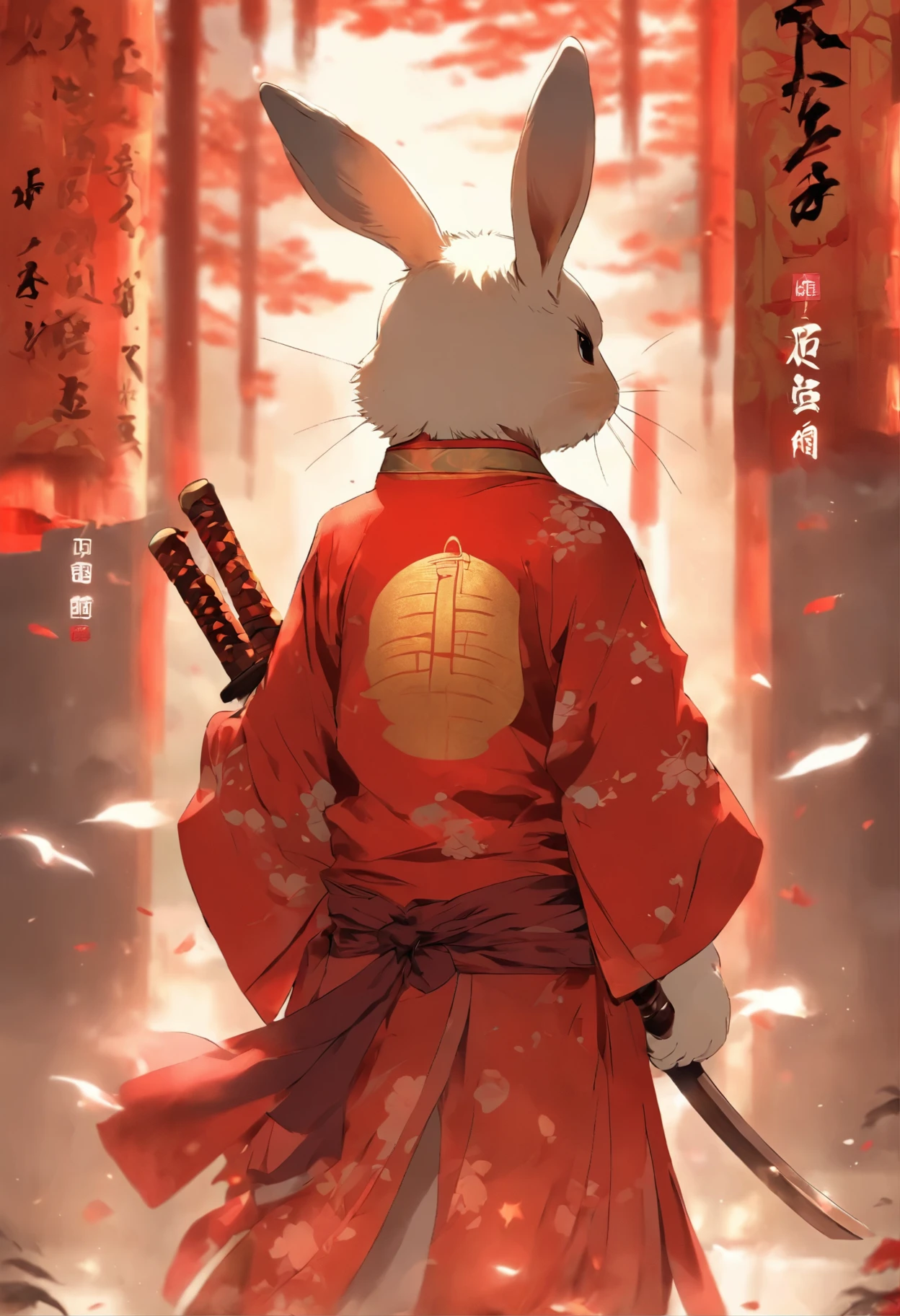 IP role,facing away镜头,back,facing away,back view,An anthropomorphic rabbit,boys,No looking back,Raise a hand,Red and white Chinese costume,Wear a sword,National trend style,Chinese style,New Chinese,3D illustration,Rich in details,best quality,16K