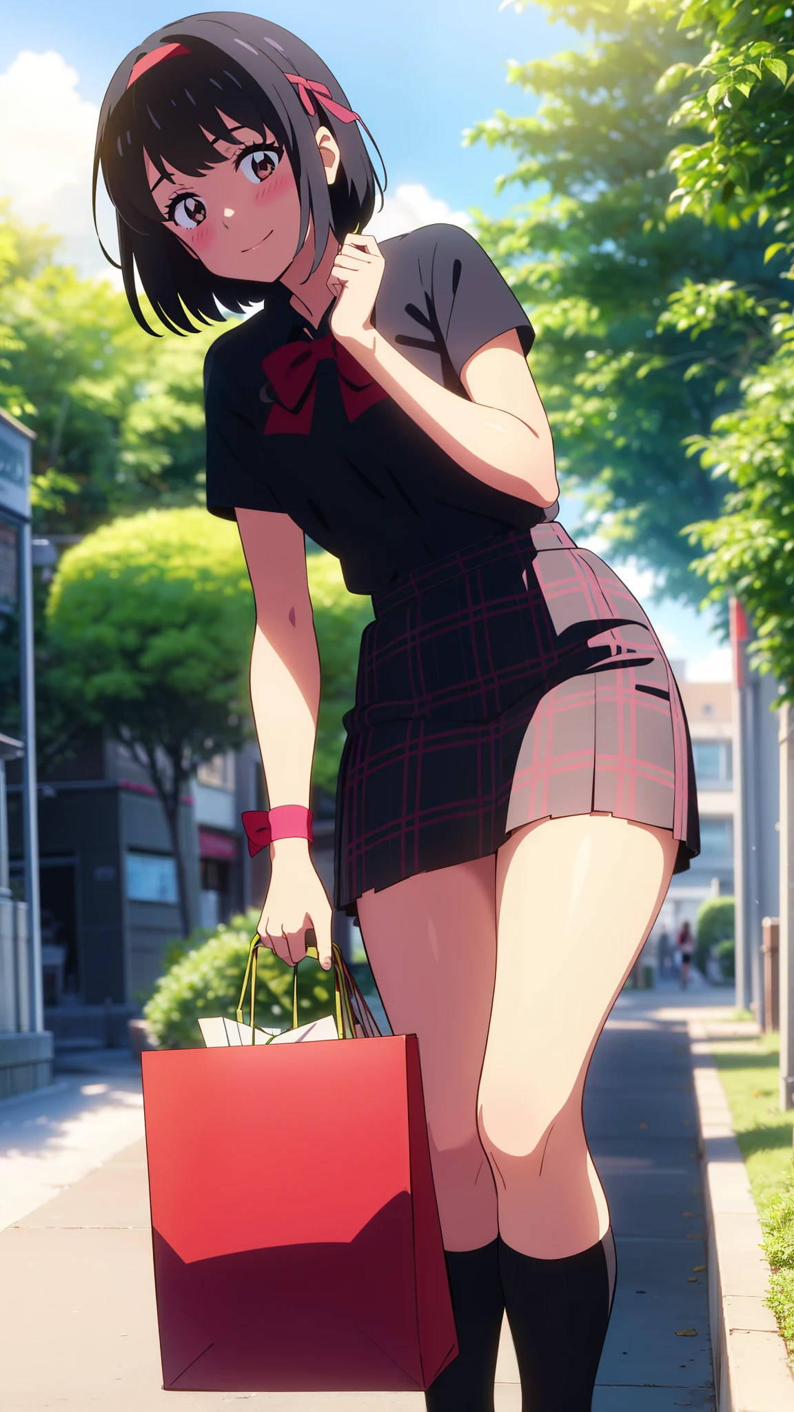 shinkai makoto, kimi no na wa., 1girl, bangs, black hair, blush, brown eyes, red headband, red bow, red ribbon, Everyday clothes, Fashionable clothes, black plaid skirt, short sleeves, short hair, smile, cute, solo, looking at viewer, Holiday Afternoon, enjoying shopping, beautiful sky