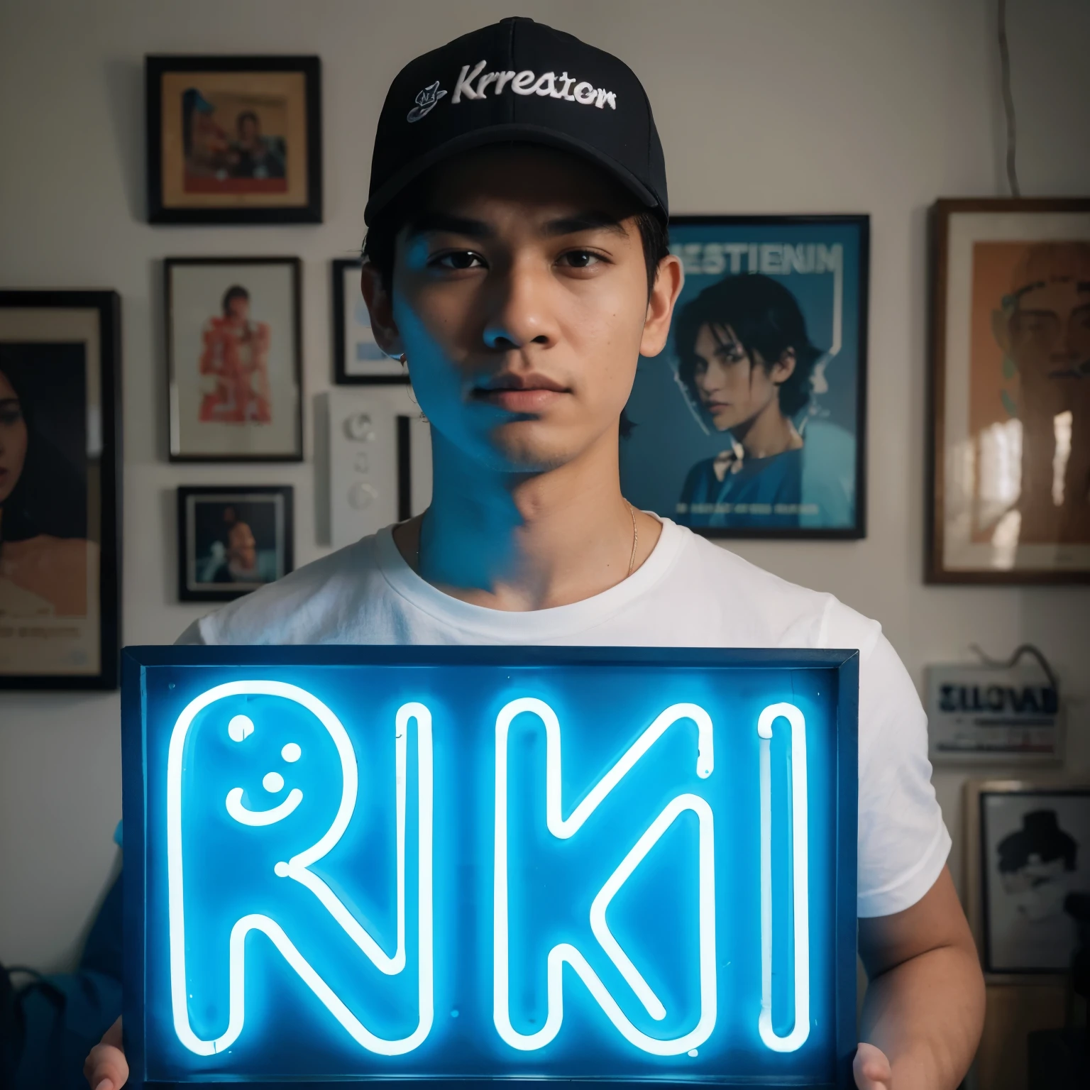 A 28-year-old Indonesian man face clean, baseball hat,holding a bright blue neon sign with the text “KIKI.” The man is wearing a white t-shirt with the word “K-Kreator” printed in black capital letters. In the background, there are various items including what appears to be artwork or photos on the wall. The room is bright, and the neon sign illuminates part of the scene with its bright blue light. Photography.