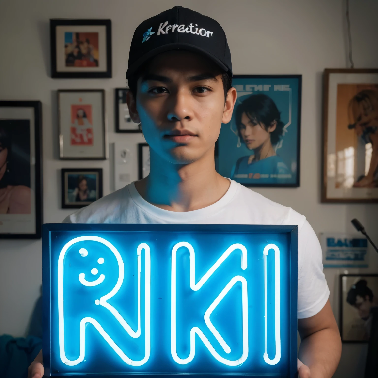 A 28-year-old Indonesian man face clean, baseball hat,holding a bright blue neon sign with the text “KIKI.” The man is wearing a white t-shirt with the word “K-Kreator” printed in black capital letters. In the background, there are various items including what appears to be artwork or photos on the wall. The room is bright, and the neon sign illuminates part of the scene with its bright blue light. Photography.