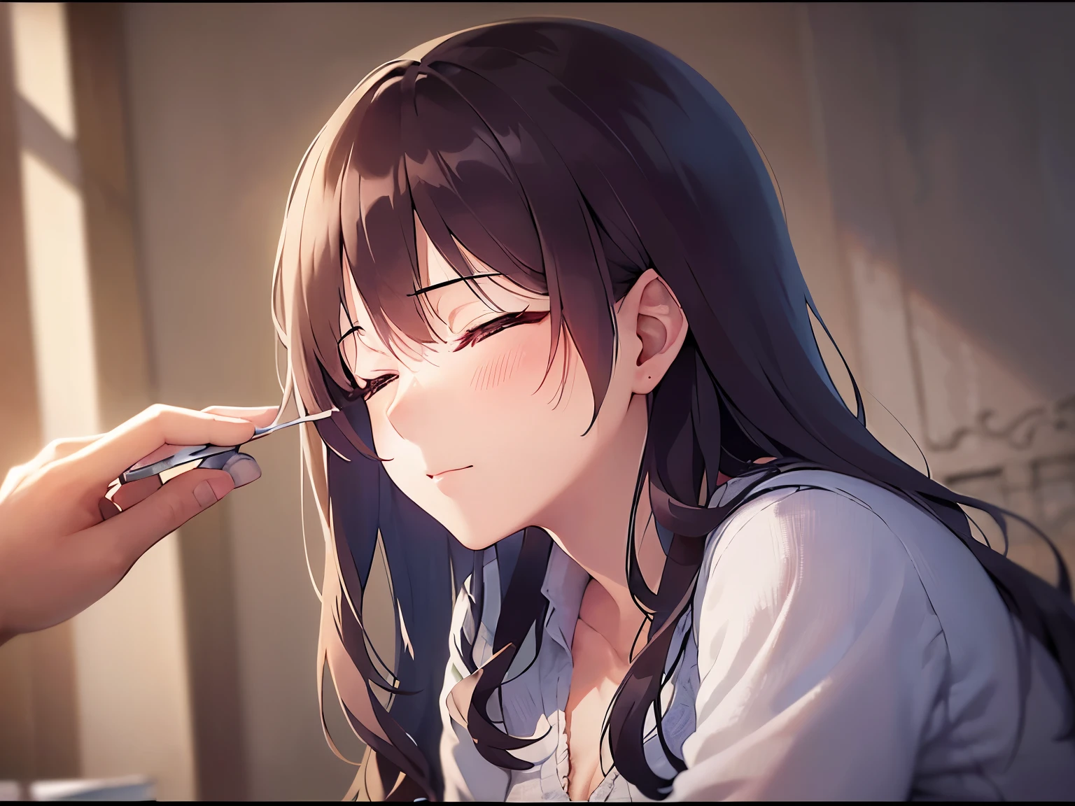 上からの撮影, cinematic angle, looking up, (Placing hand on face:1.2), real person, RAW photo, photorealistic, portrait photography, shiny skin, japanese idol、明るい栗色の前髪がある髪の25歳の女性、(long wavy hair) and (pink eyes), (long Sleeve V-neck Blouse:1.2), face waiting for kiss, blush, (close eyes:1.5), 背景はリビングルーム、一人きり