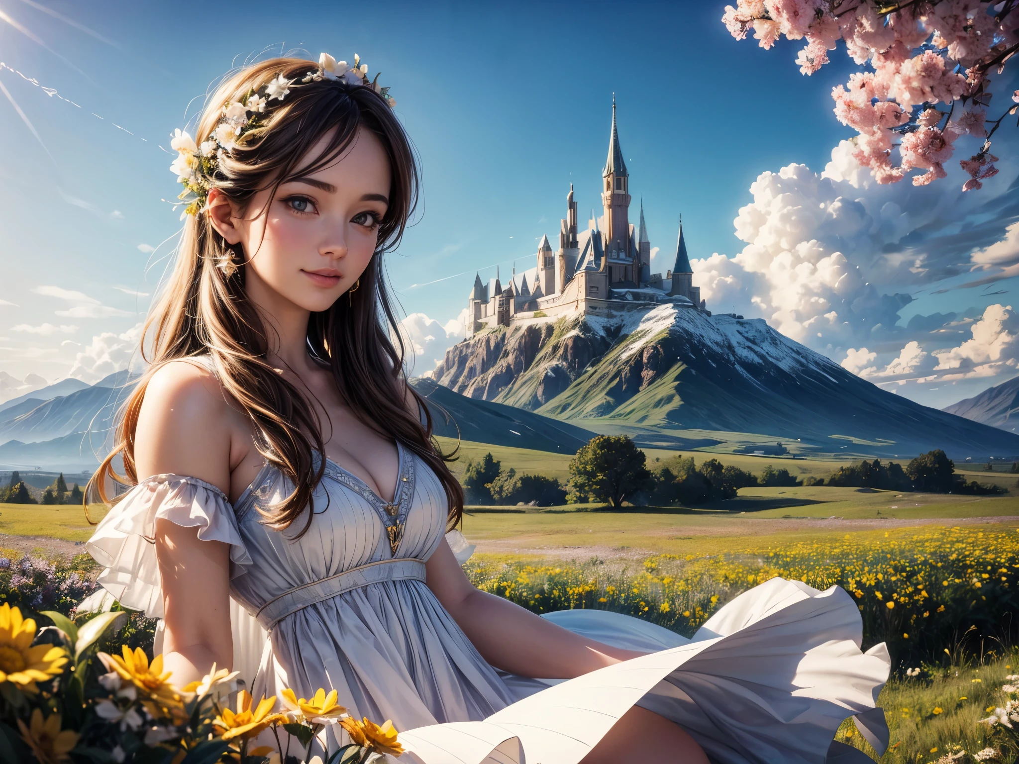(best quality,4k,8k,highres,masterpiece:1.2),ultra-detailed,(realistic,photorealistic,photo-realistic:1.37),enchanted, vibrant colors, soft lighting, dreamy atmosphere, stunning details, magical theme, unicorn, young girl, flowing hair, radiant smile, mesmerizing eyes, ethereal dress, floating in mid-air, golden sunlight, lush green fields, blooming flowers, distant mountains, clear blue sky, fluffy white clouds, wisps of magic, joyful expression, freedom and adventure, surreal landscape.