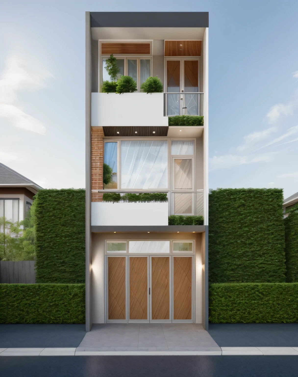 Exterior of house, (canopy in house roof:1.2), Mable decorations, (a road in front of house:1.3), tree, sky, cloud, morning weather.