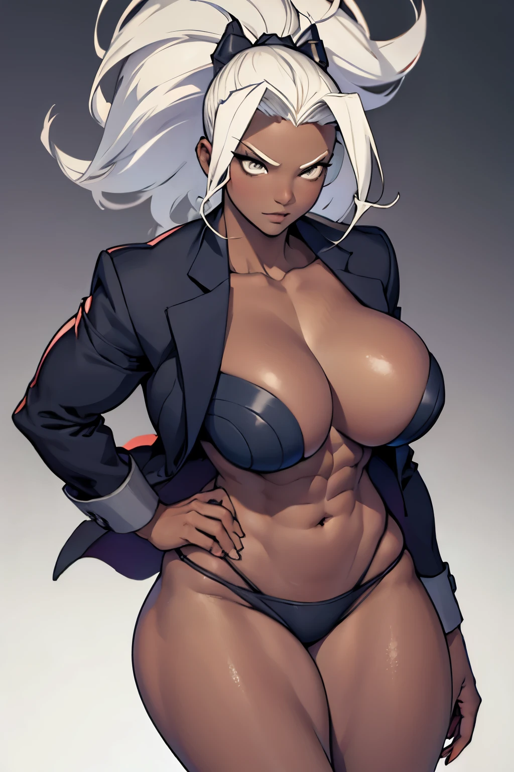 1 girl, judgement, colored skin, jacket, ((muscular body)), (thick thighs), (big breasts)