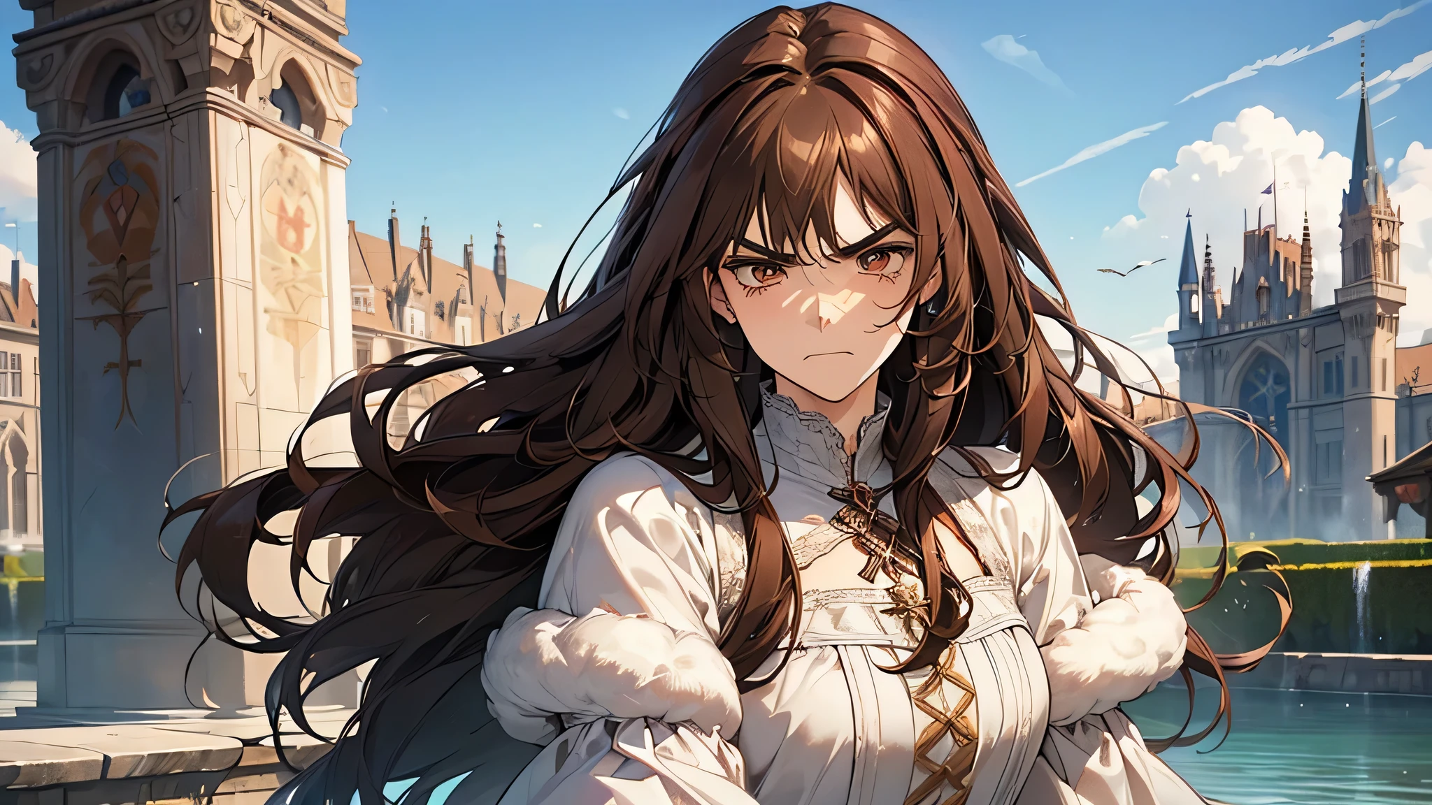 1girl, (long fluffy brown hair: 1.6), dress, mature beauty, rich family, in fountain, blue sky, clenched teeth, frown, v-shaped eyebrows, grimace, scowl, looking at the audience, super detailed CG, delicate facial features, clear facial expressions, angry face, upset face, medieval times