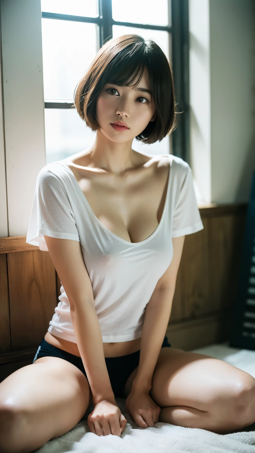 best quality, masterpiece, high resolution, 1 girl, beautiful and perfect face, bob layer cut, White T-shirt with wide open chest、Japanese, 可愛いJapanese, movie-like atmosphere, 8K, extremely detailed、Huge lower milk、angle from the side、I am proud、beautiful face、full body shot、1 person、Bright office with sunshine、Large windows、sitting、Hold your hands between your legs、Futomo、Panty shot、33 years old、elegant face、You can clearly see the shape of the chest、I am proud、Overflowing bust、embarrassed look、spread legs、