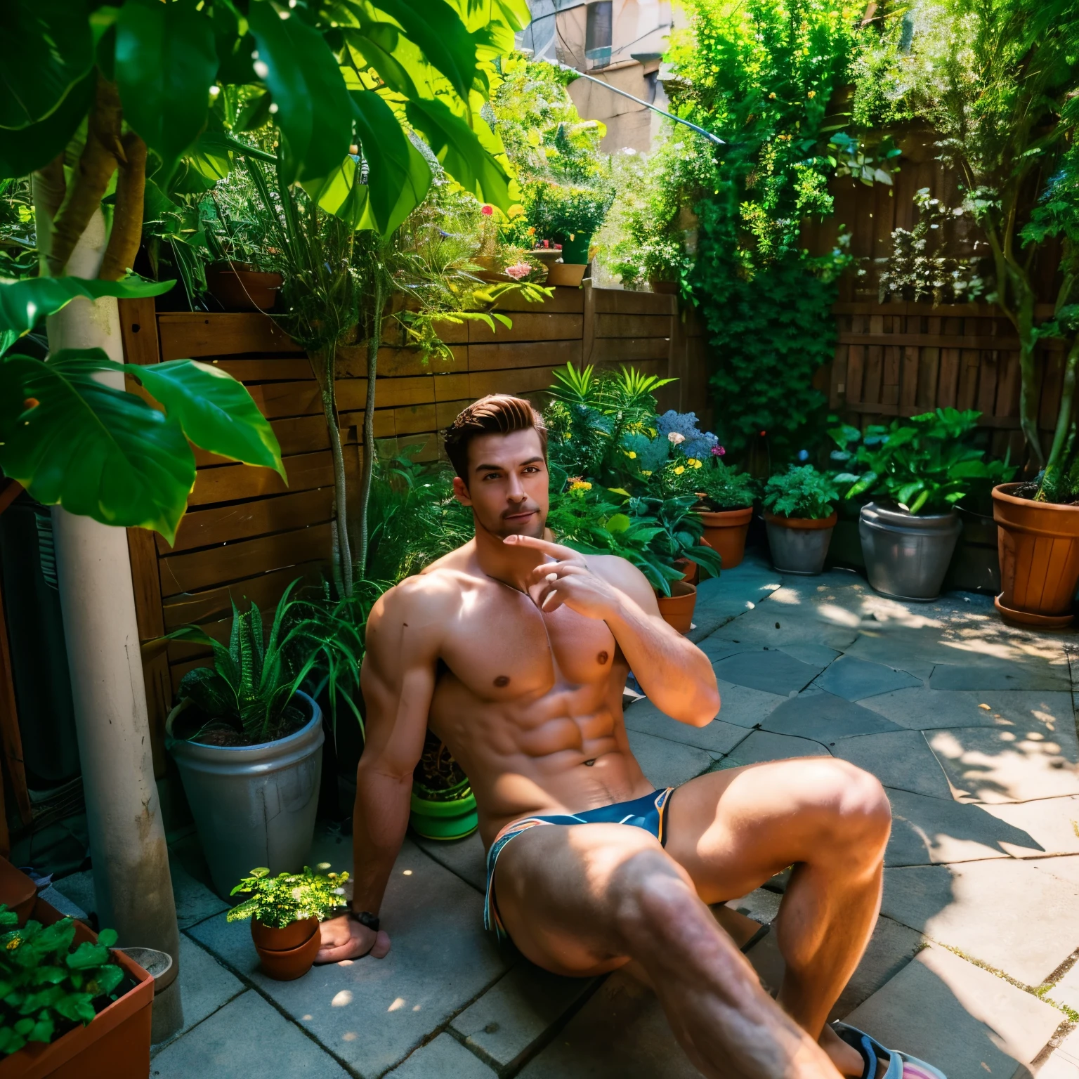 (absurdres, highres, ultra detailed), 1 male, handsome, tall muscular guy, very short hair, best ratio four finger and one thumb, best light and shadow, background is back alley, detasiled sunlight, sitting, Little cats are gathered next to him, dappled sunlight, day, depth of field, plants, summer, (dutch angle), closed mouth