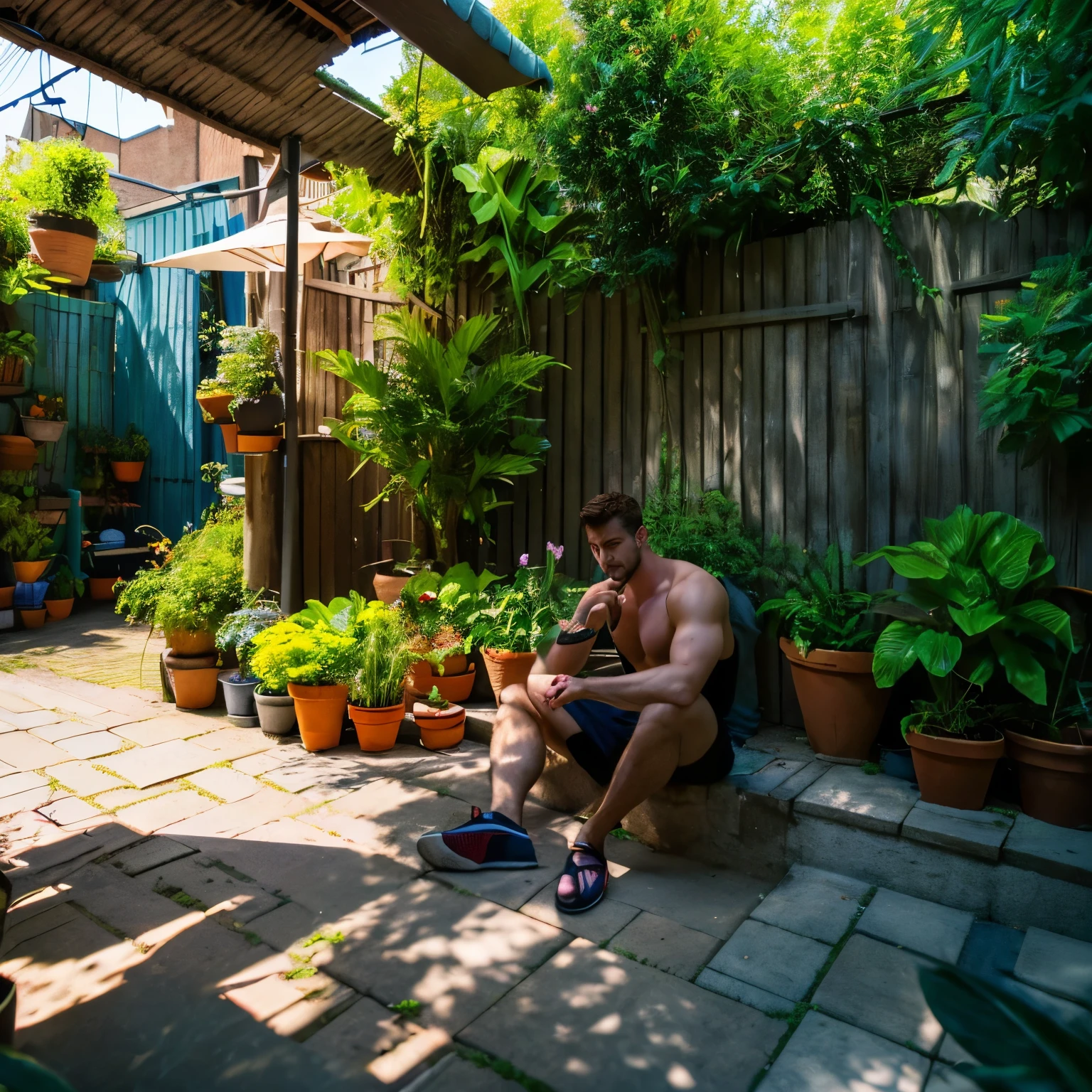 (absurdres, highres, ultra detailed), 1 male, handsome, tall muscular guy, very short hair, best ratio four finger and one thumb, best light and shadow, background is back alley, detasiled sunlight, sitting, Little cats are gathered next to him, dappled sunlight, day, depth of field, plants, summer, (dutch angle), closed mouth