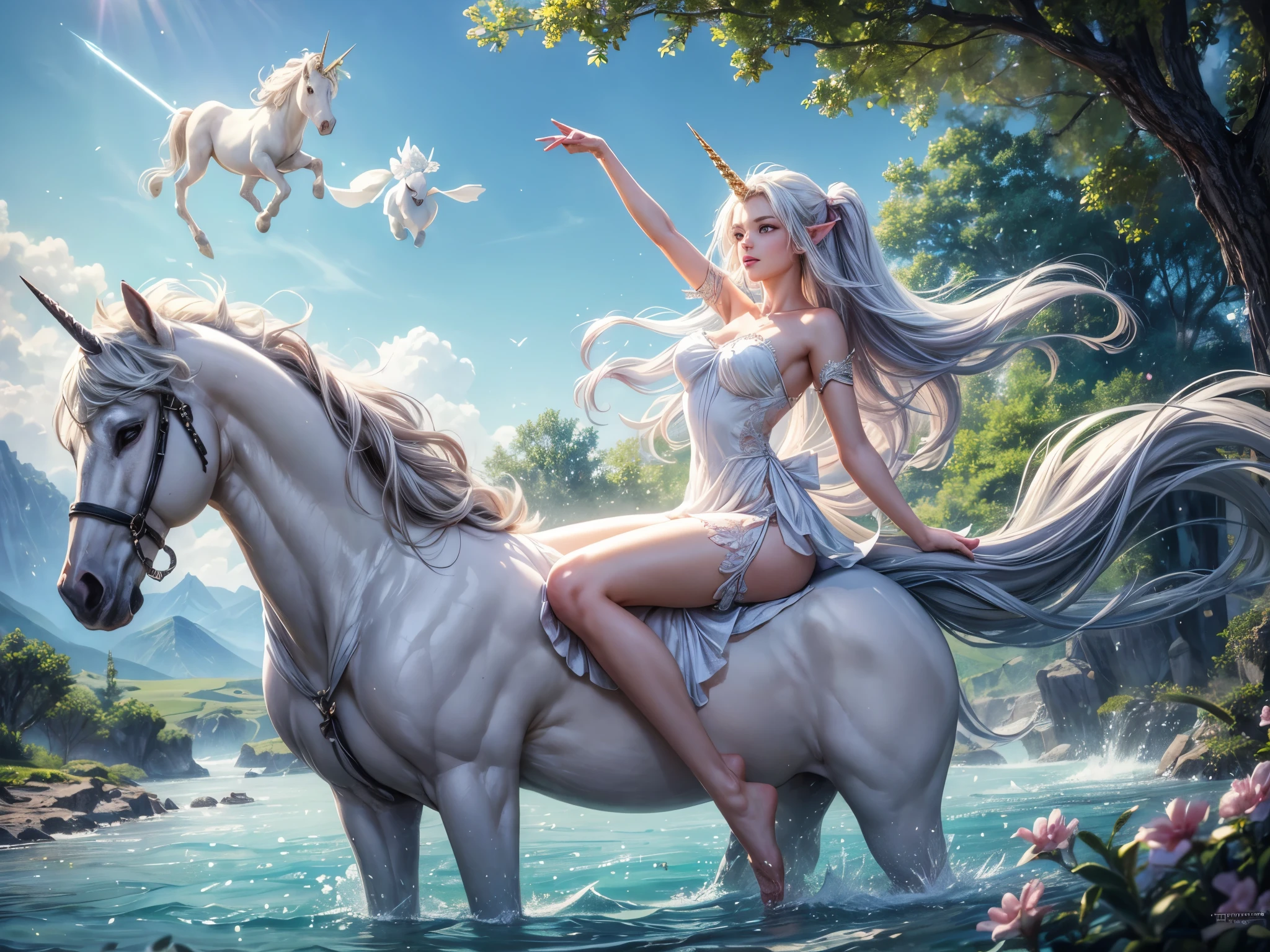 (best quality,4k,8k,highres,masterpiece:1.2),ultra-detailed,realistic,photorealistic:1.37,anti-aliasing,high dynamic range,soft color grading,ambient lighting,gentle sunlight,breathtaking view,gorgeous landscape,fantasy setting,peaceful atmosphere,enchanting world,serene river,tranquil meadows,majestic mountains,sparkling water,whispering breeze,fluffy white clouds,beautiful flowers blooming,green rolling hills,strong and stable unicorn,graceful and elegant elf girl,silky flowing hair,bright and expressive eyes,delicate and pointed ears,radiant and youthful face,luminous and vibrant lips,serene and enchanting smile,noble and heroic posture,riding confidently on the unicorn's back,swift and agile movement,exuding a sense of freedom and joy,sparkles of magic surrounding them,harmonious connection between the girl and the unicorn,magical bonds of trust and companionship,pure and ethereal aura emanating from the pair,magical beings and creatures inhabiting the fantasy world,colorful mythical creatures dancing in the sky,whimsical and dreamlike atmosphere,inspiring awe and wonder,unforgettable and mesmerizing moment captured,like a painting come to life,blending fantasy and reality into a harmonious masterpiece.