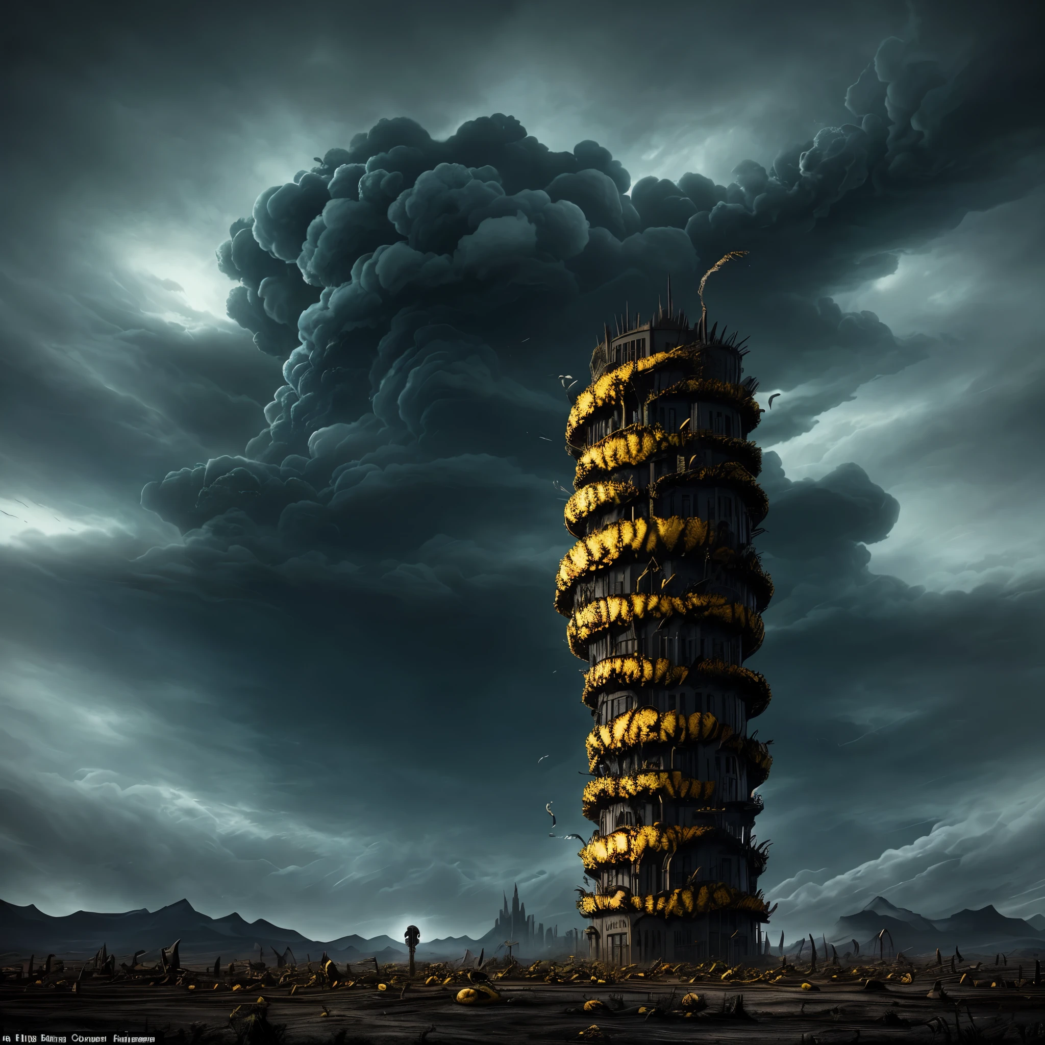 An ominous and evil-looking banana towers over a desolate landscape, its yellow peel curled back to reveal menacing teeth-like edges. The once vibrant and lush Earth has been reduced to a barren wasteland, with cracked and charred ground beneath. The banana's glistening brown eyes gleam with a malevolent intent as it wreaks havoc, its long stem coiled around the ruined remains of cities and structures. The once-blue sky is now a dark and foreboding shade, filled with swirling clouds of ash and smoke. A haunting and eerie silence fills the air as the evil banana continues to destroy all that remains of the