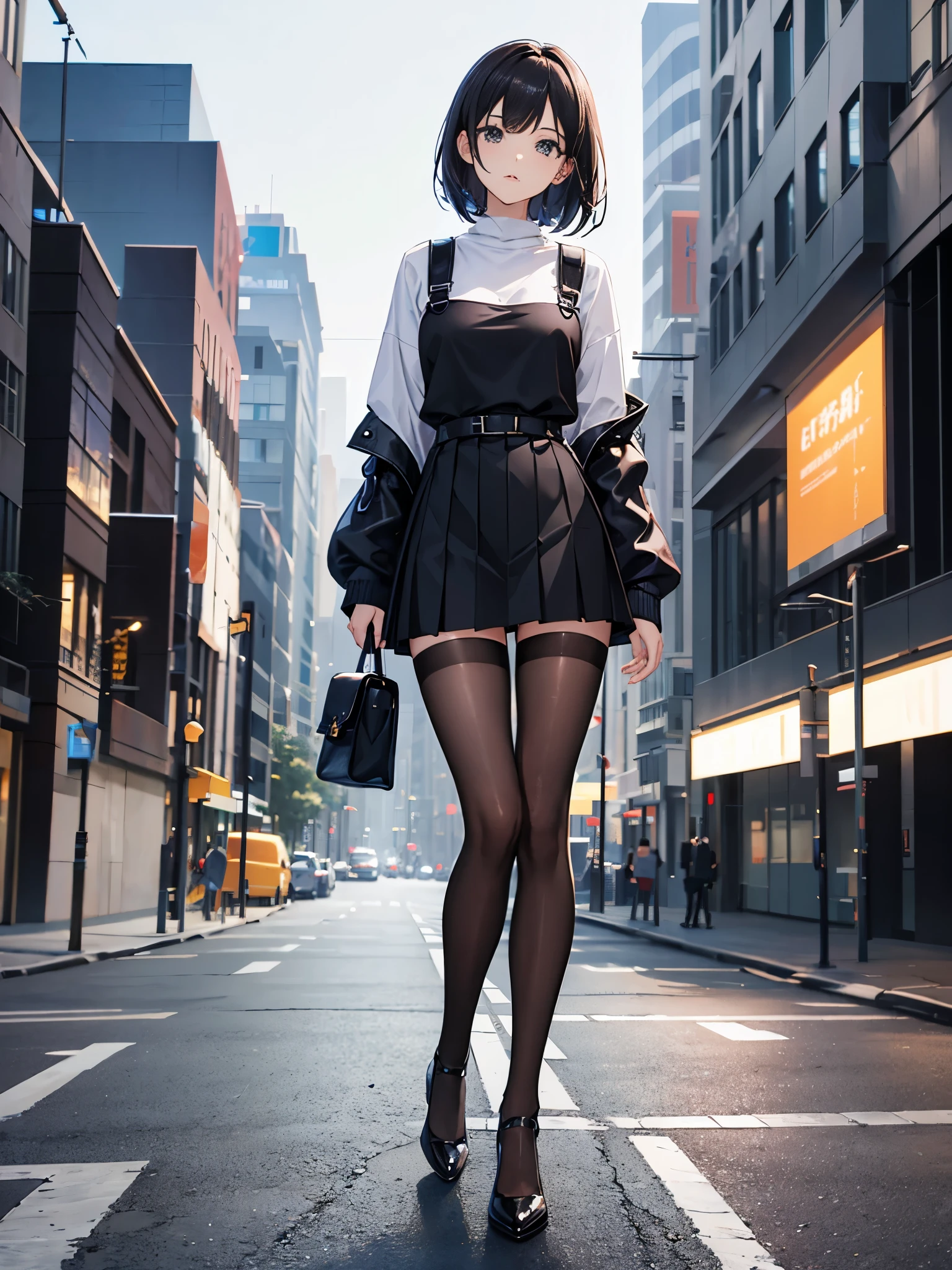 modern style attire,An 18-year-old girl,medium chest。Royal sister。The upper body is wearing a sweater。Wearing a pleated skirt and black silk suspenders on the lower body(Specifically reflect the texture worn on the legs)。perfect body proportions。Reflect the beauty of women’s lines。Scene setting:galaxy。Action settings:stand,Turn around