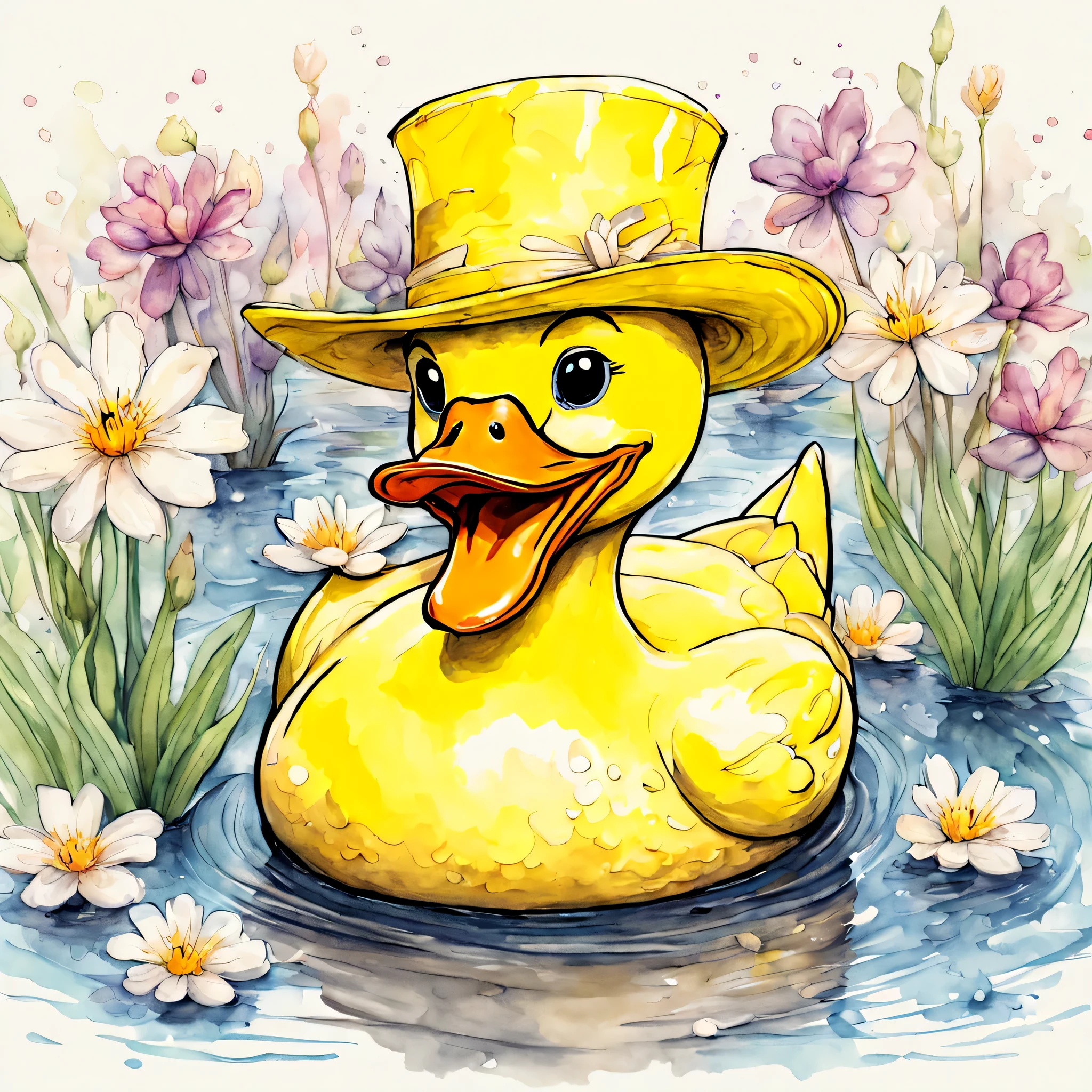 rubber duck, placid plastic yellow duck, wearing an adorable silly oversized vibrant hat, expressive ink line rough sketch, hand coloring, hand colored vivid rich color grading, animated cel, shading shadows depth, subtle nuanced deft watercolor background, hand drawn splash page cover art decompressed comic, precise, accurate, detailed, craftsmanship, content serene zen, floating on flower pond, ornate thriving delicate flowers,


