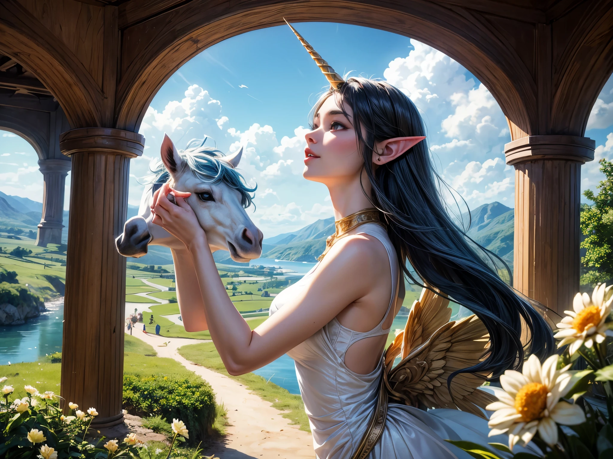 (best quality,4k,8k,highres,masterpiece:1.2),ultra-detailed,realistic,photorealistic:1.37,anti-aliasing,high dynamic range,soft color grading,ambient lighting,gentle sunlight,breathtaking view,gorgeous landscape,fantasy setting,peaceful atmosphere,enchanting world,serene river,tranquil meadows,majestic mountains,sparkling water,whispering breeze,fluffy white clouds,beautiful flowers blooming,green rolling hills,strong and stable unicorn,graceful and elegant elf girl,silky flowing hair,bright and expressive eyes,delicate and pointed ears,radiant and youthful face,luminous and vibrant lips,serene and enchanting smile,noble and heroic posture,riding confidently on the unicorn's back,swift and agile movement,exuding a sense of freedom and joy,sparkles of magic surrounding them,harmonious connection between the girl and the unicorn,magical bonds of trust and companionship,pure and ethereal aura emanating from the pair,magical beings and creatures inhabiting the fantasy world,colorful mythical creatures dancing in the sky,whimsical and dreamlike atmosphere,inspiring awe and wonder,unforgettable and mesmerizing moment captured,like a painting come to life,blending fantasy and reality into a harmonious masterpiece.