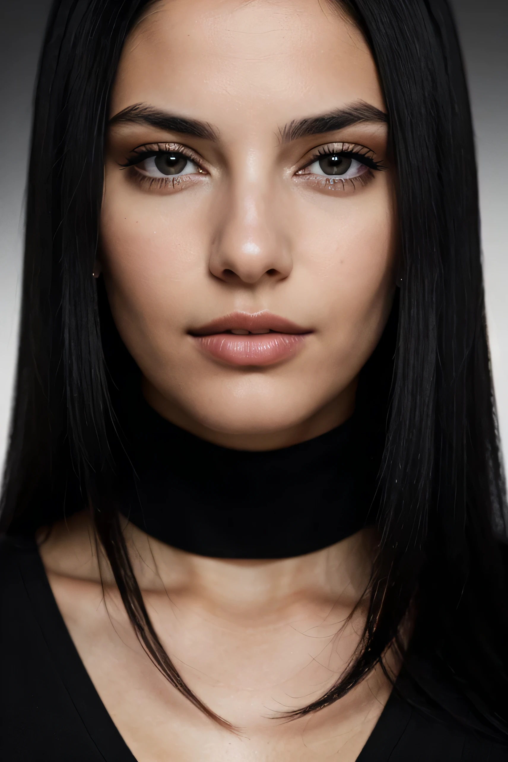 Eye contact of a spain woman with black hair hair and a dark theme