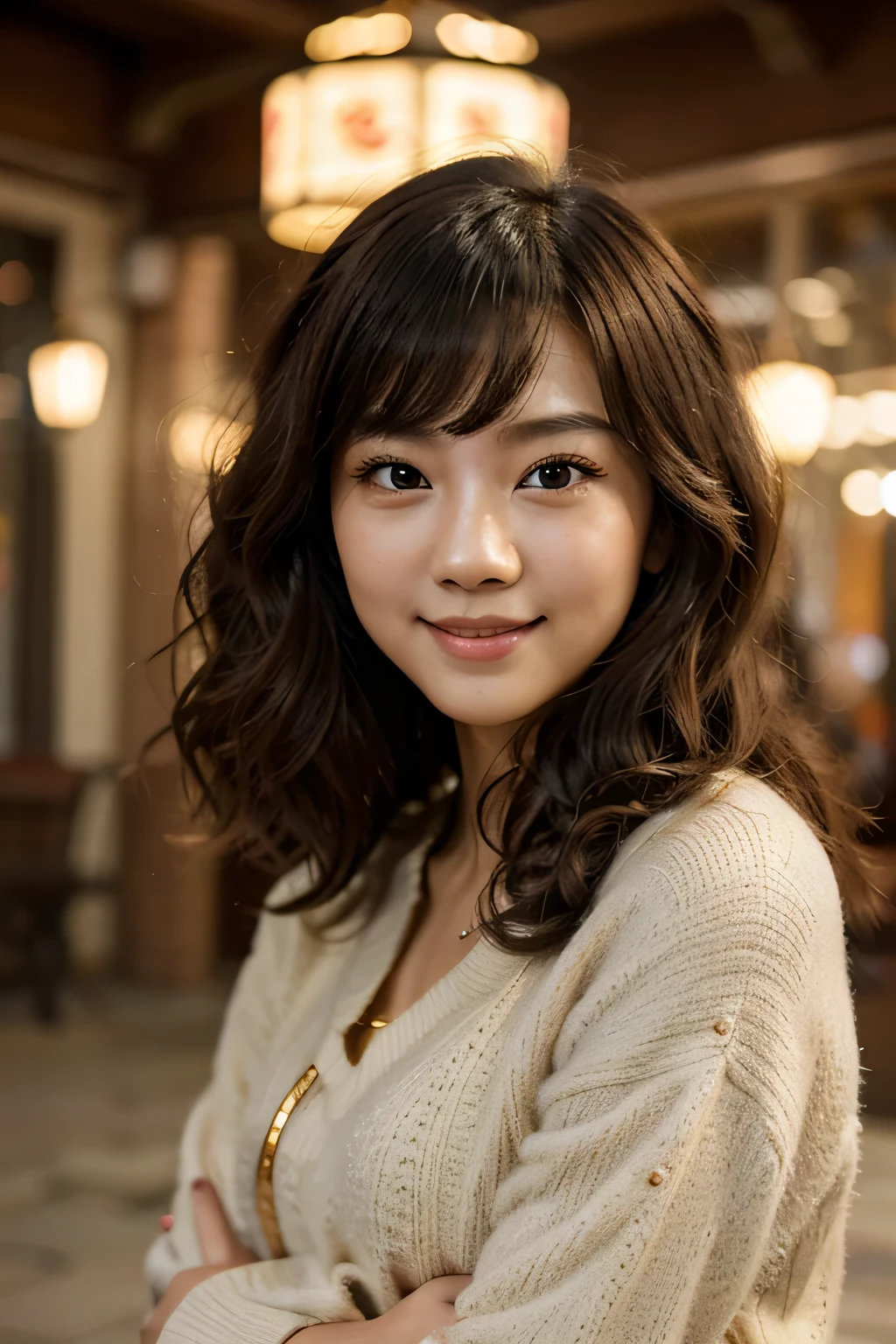 studio lights, depth of field, Upper body, Slender, cute face, Smile, beautiful details eyes, 19 years old Chinese, beautiful, Fluffy curls,Warm gold, Plaza, casual