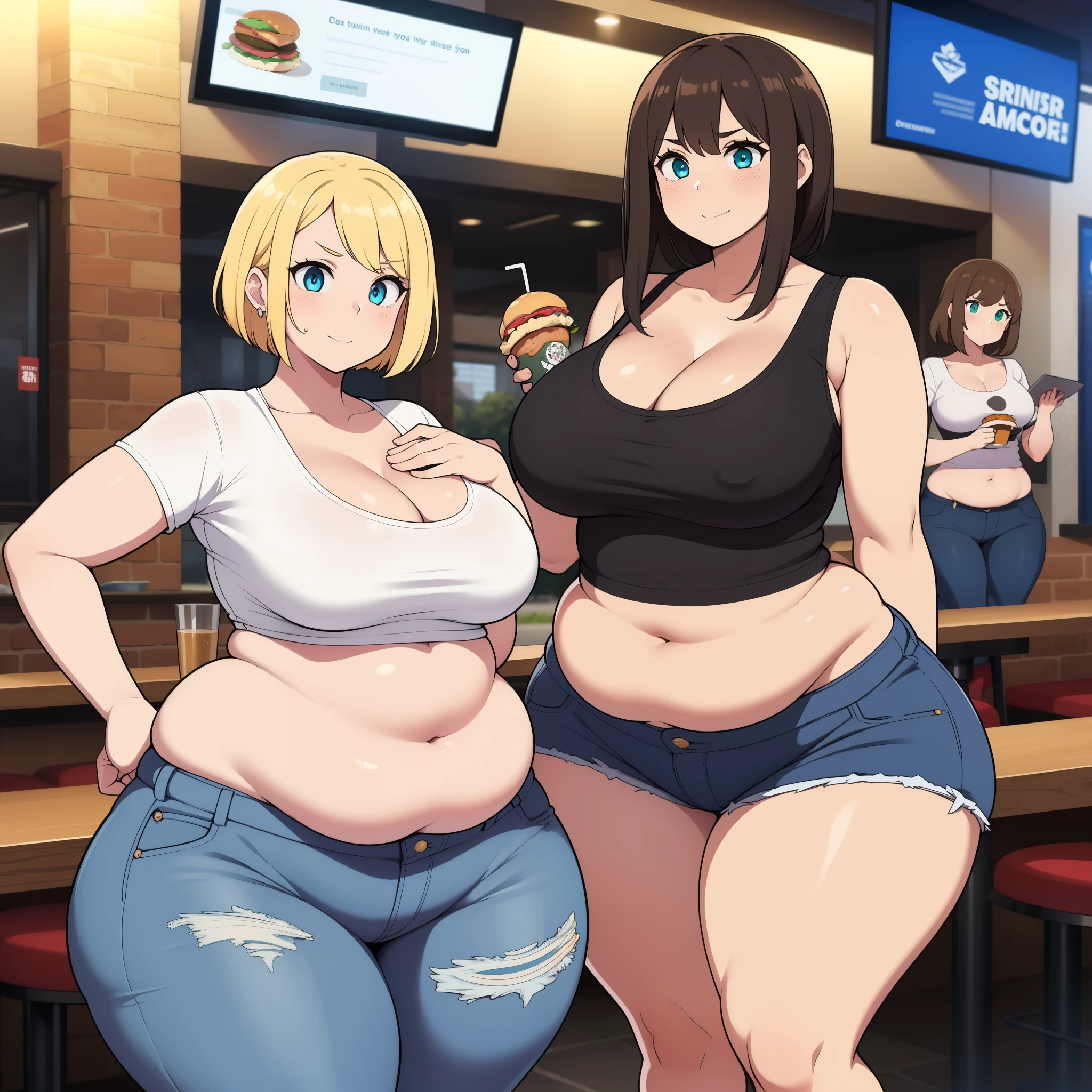 ((highres)), Masterpiece, high quality, best quality, beautiful, perfect lighting, detailed face, ultra cute face, ((2girls)), one girl has blonde hair, blue eyes, crop top and shorts, one girl has brown hair, green eyes, jeans, white shirt, fast food restaurant, medium breasts, cleavage, ((wide hips)), (thick thighs), ((chubby)), pudgy belly, fat folds, standing next to each other