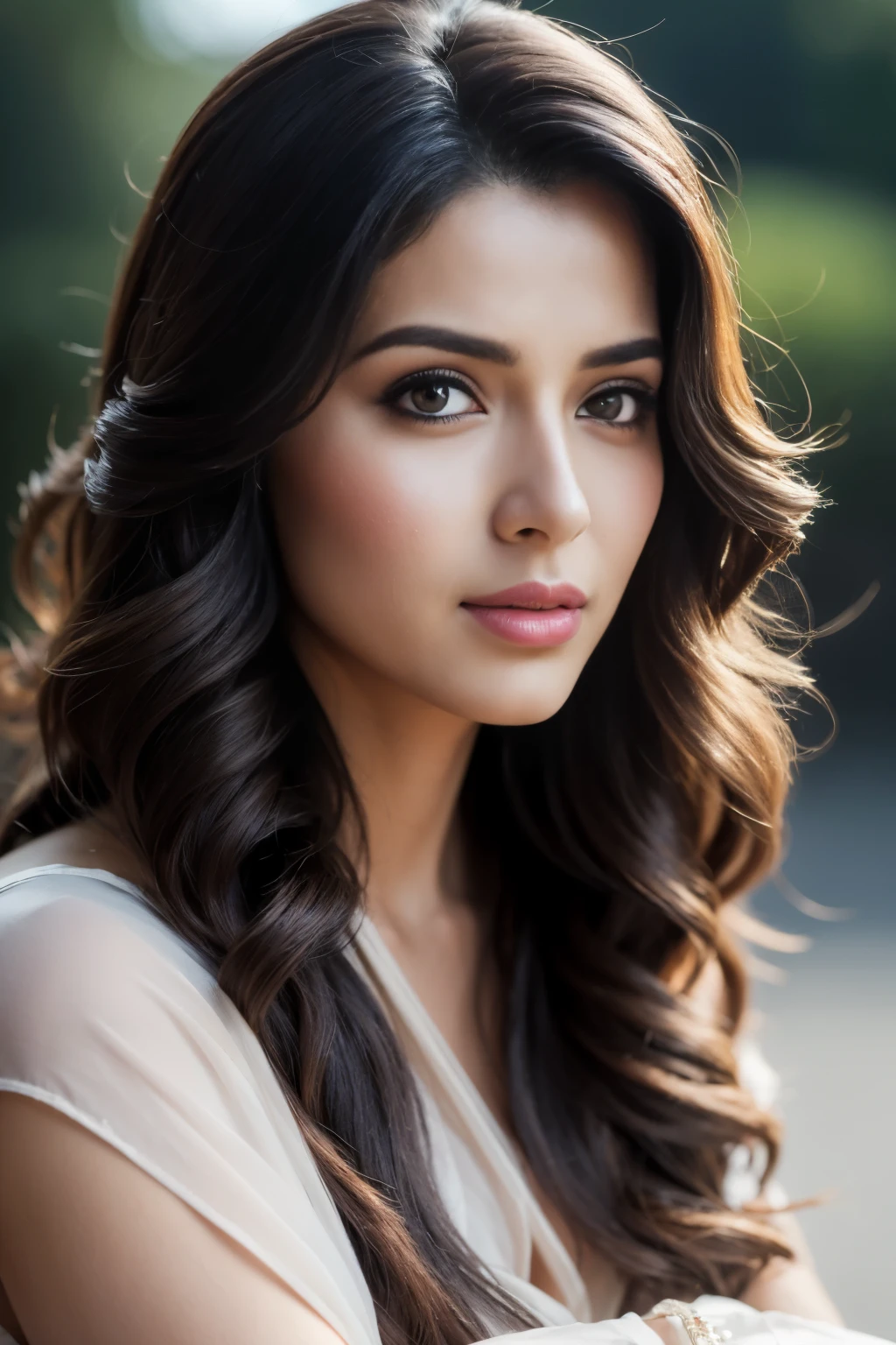 Portrait of A confident-looking Indian nude woman with long flowing hair, hazel eyes, with flowing capes, sitting in the park, with perfect composition, hyperrealistic, super detailed, 8k, high quality, trending art, trending on artstation, sharp focus, studio photo, intricate details, highly detailed, art by greg rutkowski
