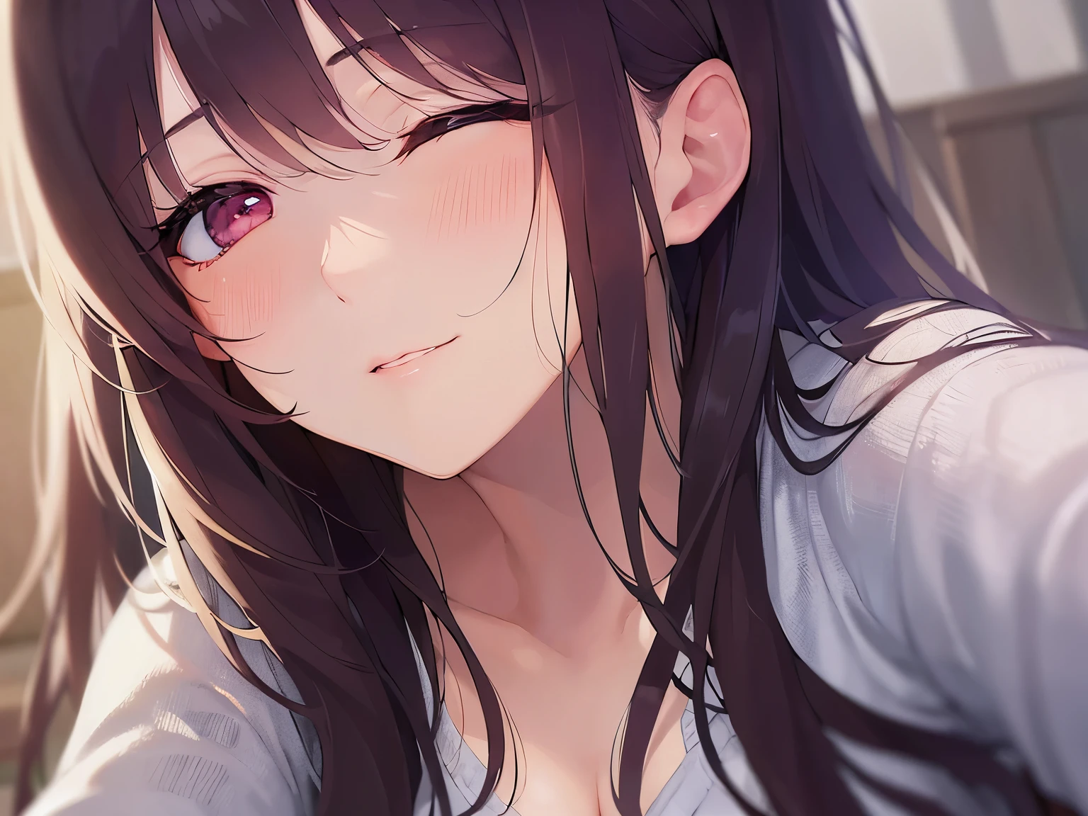 上からの撮影, cinematic angle, looking up, (Placing hand on face:1.2), real person, RAW photo, photorealistic, portrait photography, shiny skin, japanese idol、明るい栗色の前髪がある髪の25歳の女性、(long wavy hair) and (pink eyes), (long Sleeve V-neck Blouse:1.2), face waiting for kiss, blush, (close eyes:1.5), 背景はリビングルーム、一人きり