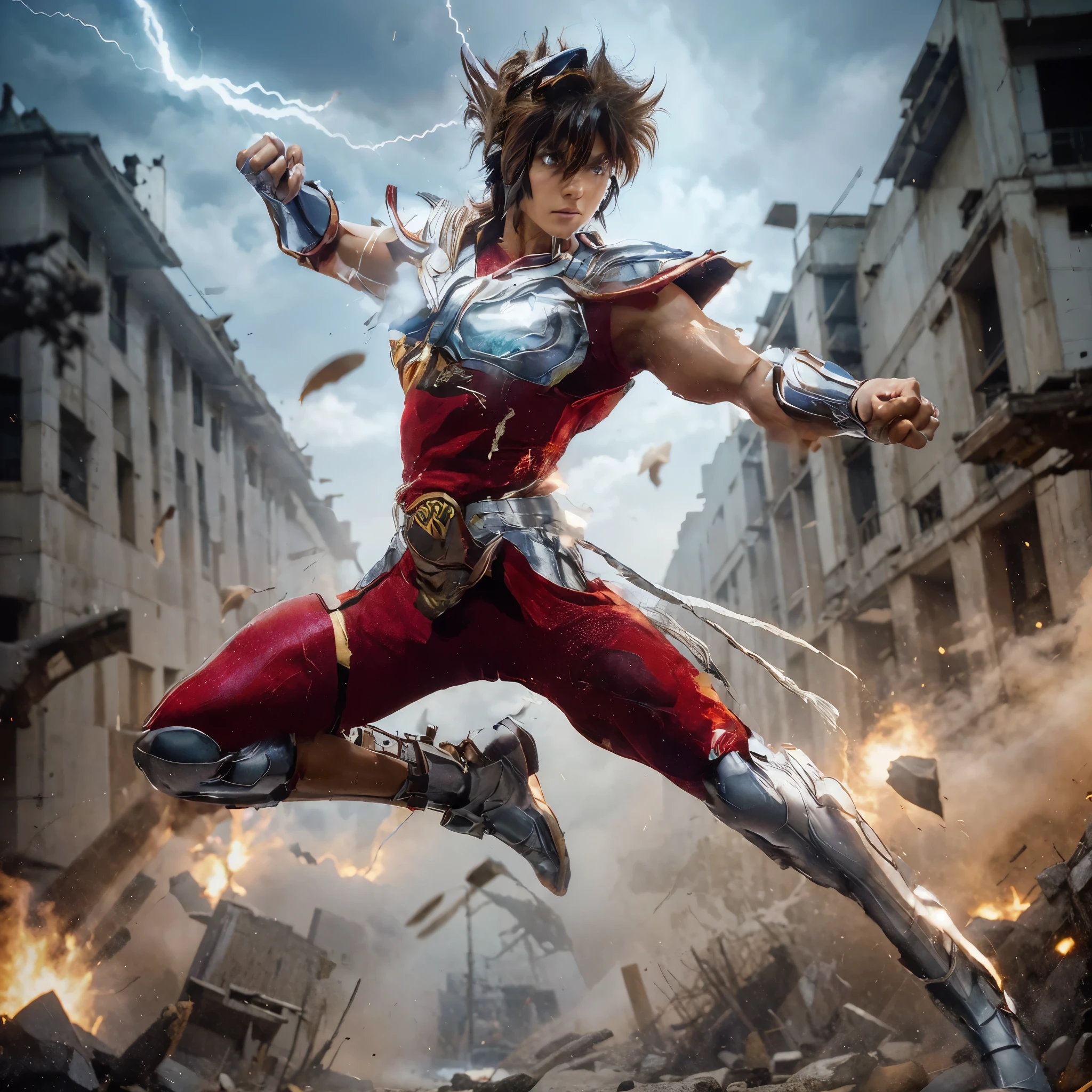 full body photo, real male human similar to Pegasus Seiya in the Saint Seiya movie, short brown Seiya model hair, very tight red short hand shirt and long pants, wearing silver headdress, chest protector, arms and legs, silver belt with blue light on the front, jumping and punching moves, destroyed Athens city background, Ultra HD, smoke and lightning effects, detailed and complicated, hyperrealistic, superrealistic facial skin, very realistic.