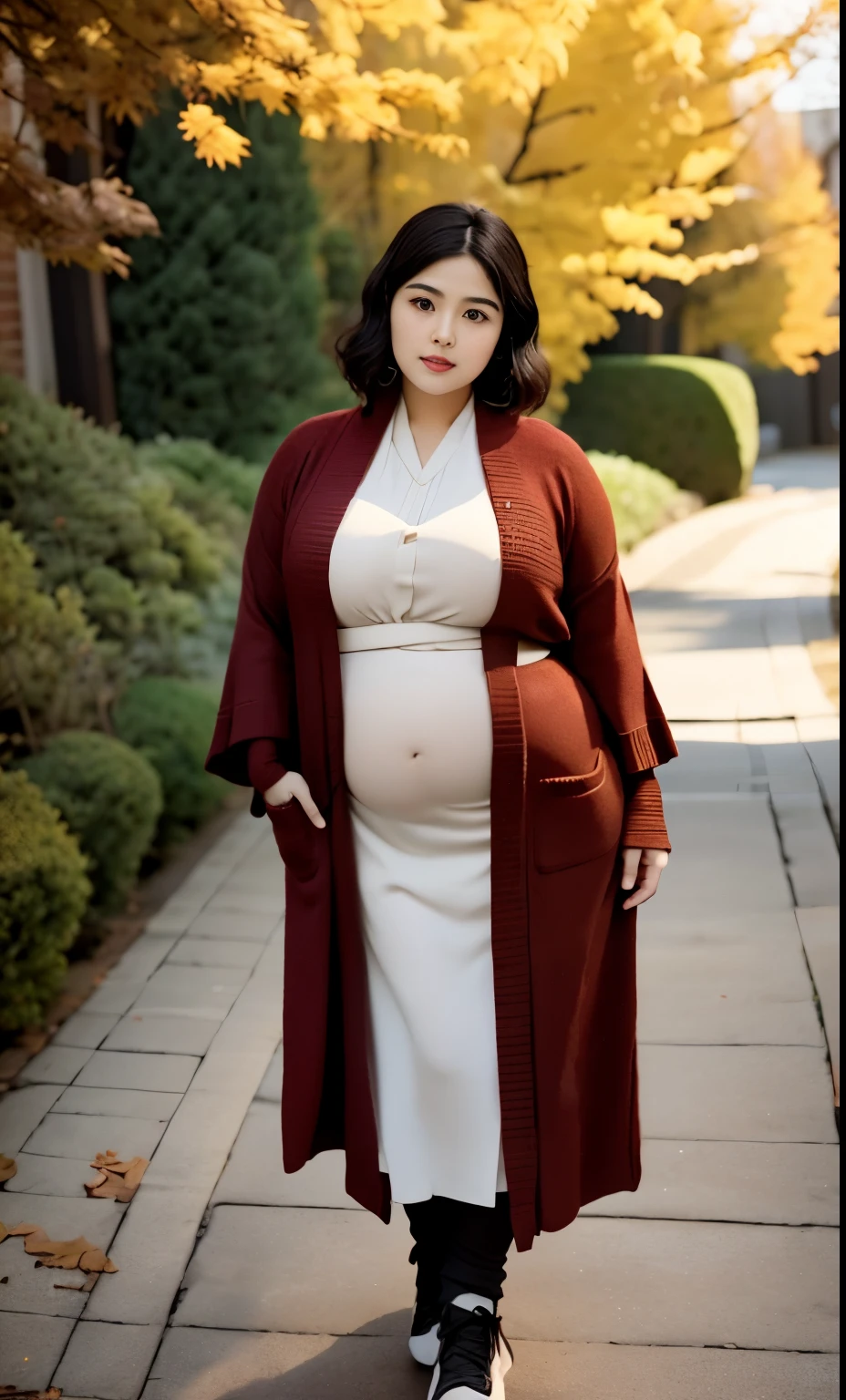 arafed woman in a red cardigan Stand on a sidewalk, wave medium short haircut, thicc, , korean woman, wearing red robe, asian woman, bbwchan, photograph of a techwear woman, hijab, wearing a black robe, woman in brown wood robes, random pose, wearing brown wood robe, asian women, korean girl, red sneakers, chubby cheeks. Full body, , 55 years old, thick body, beautiful thick female, wide hips, thick legs, she has a jiggly fat round belly, thick thighs, curvy hourglass figure, thicc, curvy model, widest hips, hyperrealistic full figure, bbwchan, voluptuous body, thick, , hena on arm, hena in belly, , muslim clothes, 55 years woman. , chubby cheeks, Body height 175 cm.