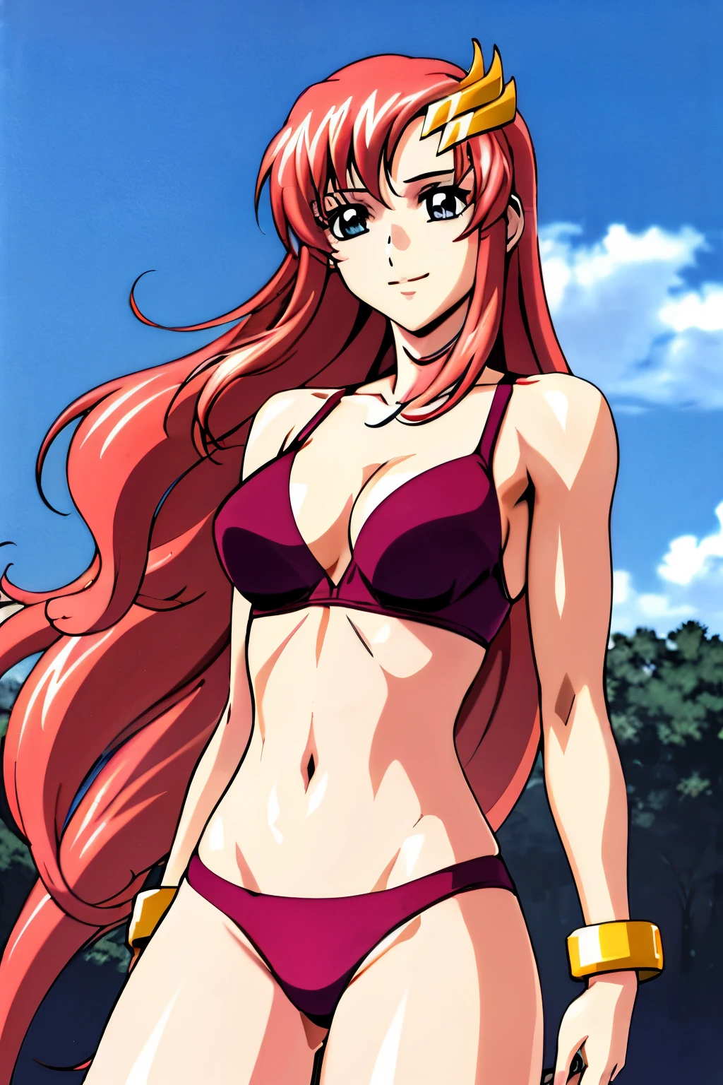 lacus4, (red bikini, groin lines), (masterpiece, cowboy shot, very slim shoulders, 4K, Best Quality, Anime style: 1.9, happy, Adult Woman, (ultra detailed head), (cloud background), Drawing lines, high resolution, lacus4), 1girl, Solo, curvy figure, Long hair, 鎖骨, scapular, (Detailed wide hair bangs, Hair Ornament, Detailed reddish-pink hair, shiny streaks, slim arms, detailed golden crest), cleavage, large hands, (hair cover shoulders). (Big blue eyes, shiny eyes), ((female wrestler, (slim body), little biceps, slim arms, closed fists, thighs)), ((perfect proportions, medium breasts, long belly)), ((totally red bra, neck band, bracelets))), smile, (standing, hot colors), detailed fingers, (bare shoulders)
