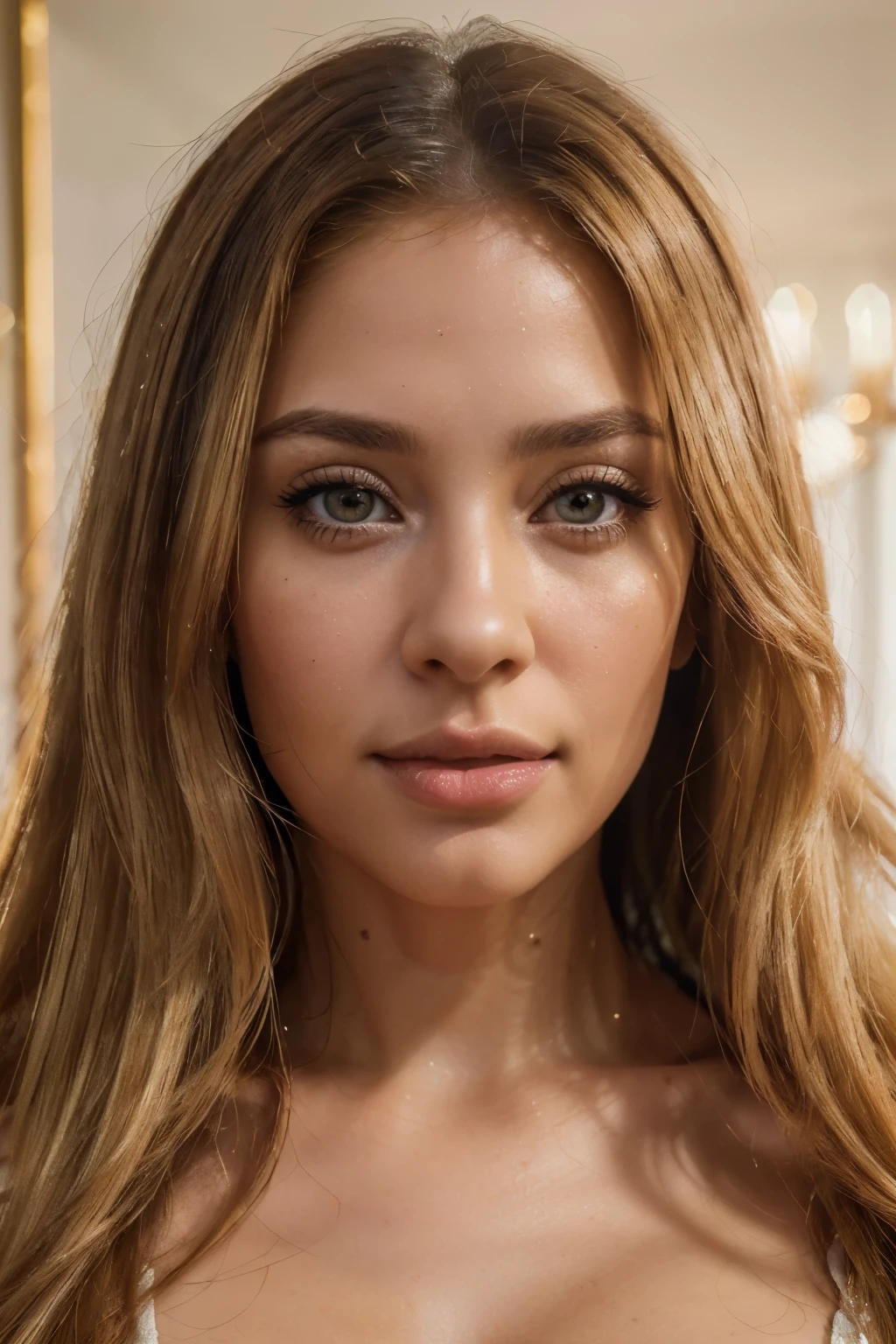 (best quality,4k,highres:1.2),ultra-detailed,realistic,professional,(HDR,studio lighting),(bokeh,vivid colors),portraits,Latina woman,30 years old,long blonde hair,honey-colored eyes,perfect hands and fingers,seductive face,wrapped in a white towel