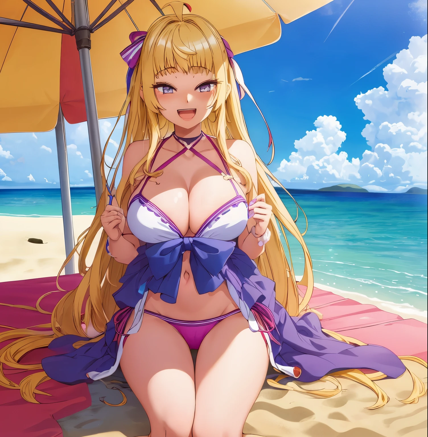 1girl, alone, minami fuyuki,masterpiece,best quality,highres,ultra-detailed,bbminami,long hair,large breasts,ahoge,beach,beach umbrella,beach chair,on back,:d,sideways_glance,cup,holding cup,bikini,long blonde hair, purple eyes, makeup, embarrassed, seductive, smiling, closed mouth, big breasts, medium waist, wide hips medium thighs,sunny, beach, sea, sitting on the sand, under an umbrella,