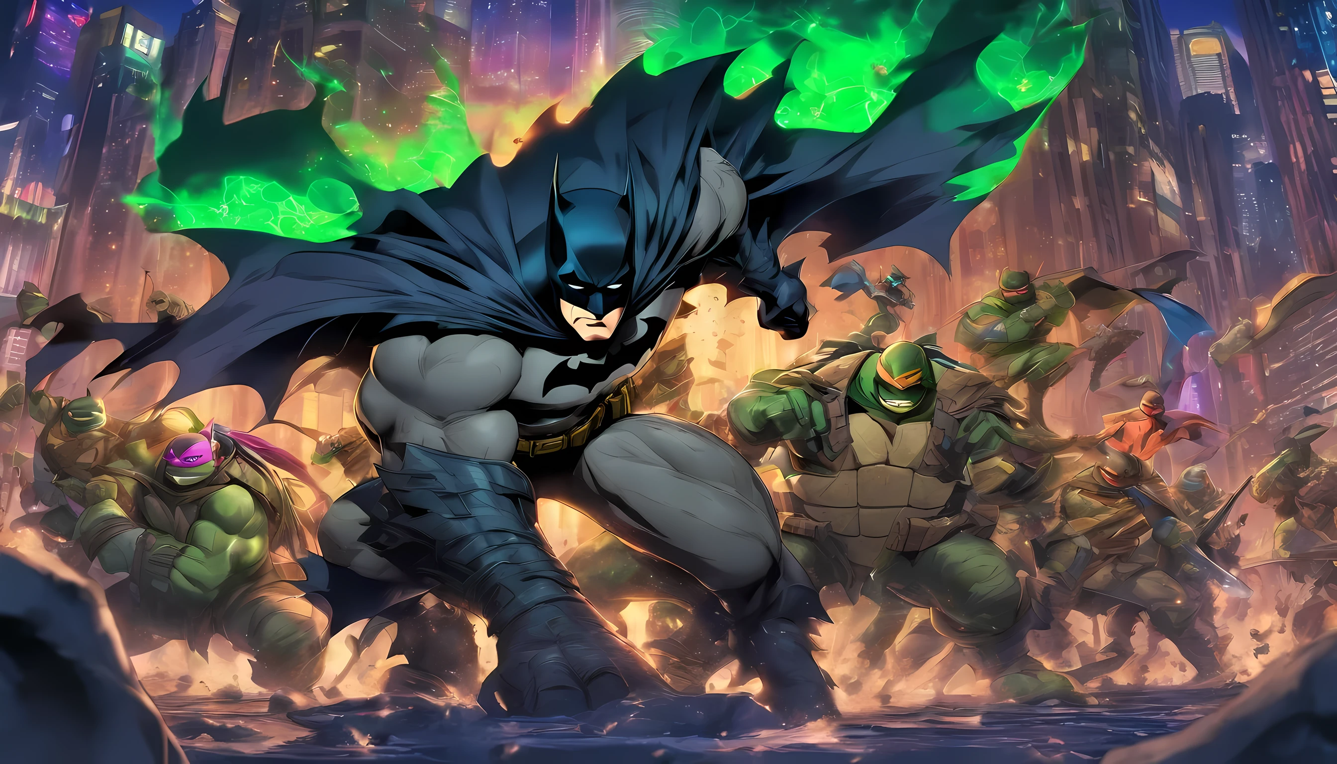 Batman teaming up with age Mutant Ninja Turtles, standing pose, best fighting scene, best quality, ultra quality, absurd details, best light, best shadow, sharp, sharp picture, detailed face, detailed eyes, detailed hair, detailed, extremely detailed, great resolution, 8k, 4k, uhd, ray tracing, beautiful effects, image of (full body)