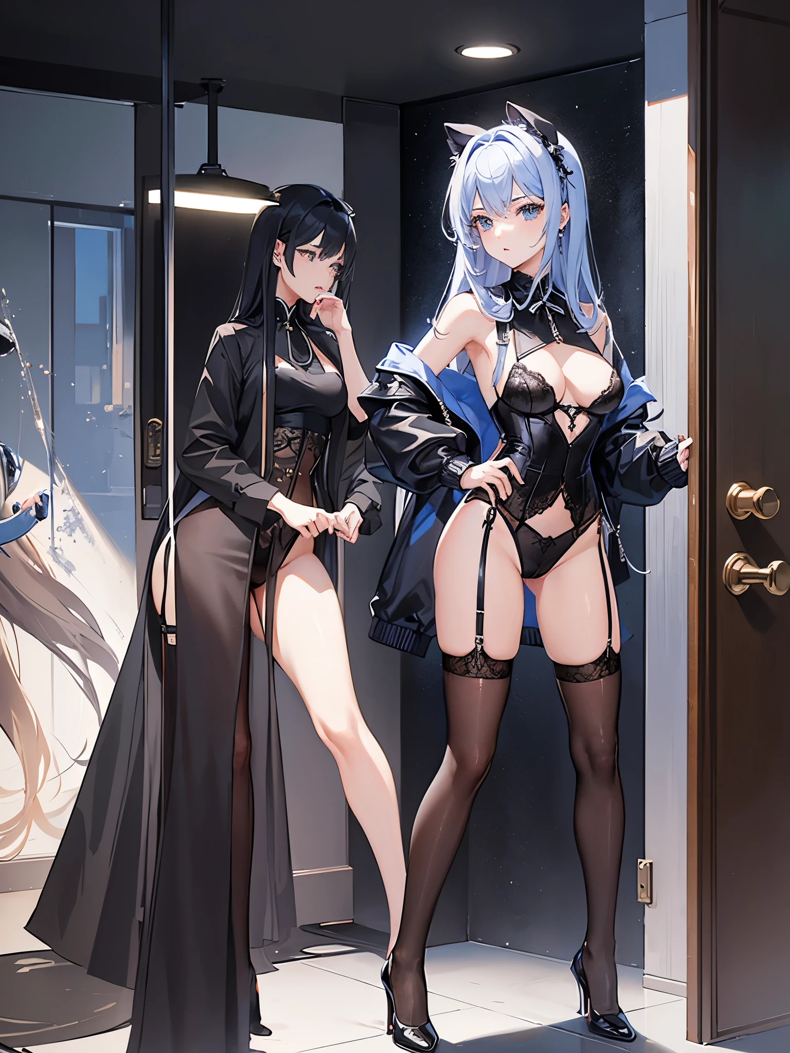 modern style attire,An 18-year-old girl,medium chest。Royal sister。Wear erotic lingerie,Black silk suspenders(Concretely reflect the texture on the legs)。Enchanting。perfect body proportions。Action settings:stand,Turn around。Pastel scenes
