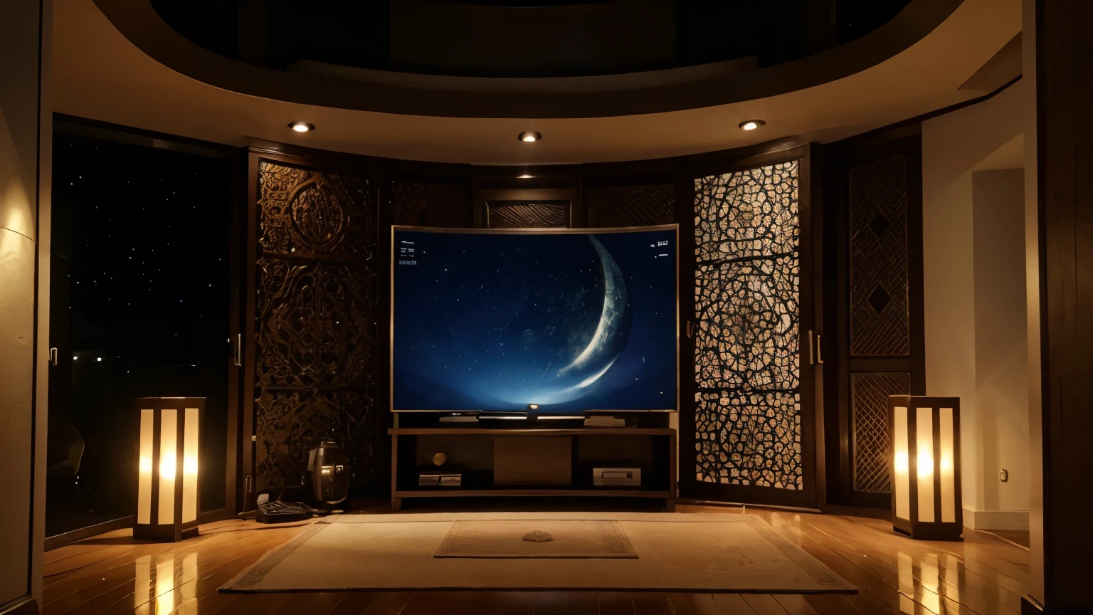  A modern smart screen displays the atmosphere of Ramadan inside the studio. In the background, a modern studio and Ramadan decorations with a lantern, cinematography, very realistic, high detail, high detail, contrast, lighting.