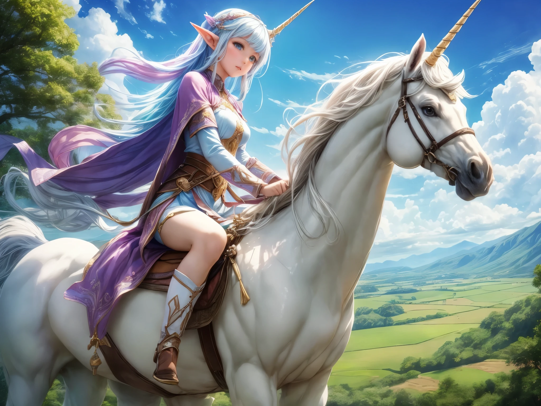 (best quality, 4k, highres, masterpiece:1.2), ultra-detailed, (realistic, photorealistic:1.37), a beautiful elf girl riding a unicorn soaring through the sky above a stunning countryside, fantasy world, a stream

**画面主体：**
A beautiful elf girl riding a unicorn soaring through the sky above a stunning countryside. The unicorn's majestic grace and the girl's ethereal beauty are the focal points of the scene, capturing the essence of fantasy and magic.

**材质：**
A vivid and dreamlike illustration that brings out the fantastical elements of the scene. Each stroke and color choice must showcase the otherworldly beauty of the girl, the unicorn, and the landscape.

**附加细节：**
The countryside below is abundant with lush greenery and vibrant flowers, creating a picturesque setting. Rays of golden sunlight pierce through the trees, casting a warm and magical glow on the girl and the unicorn. The stream meanders through the landscape, adding a sense of tranquility and serenity to the scene.

**图像质量：**
The final artwork should be of the highest quality, with a resolution of 4k or 8k, showcasing every intricate detail with pristine clarity. It should be an artistic masterpiece that evokes a sense of awe and wonder in the viewer. The colors should be vivid and the painting should have a sharp focus, allowing the viewer to fully immerse themselves in the magical world.

**艺术风格：**
The artistic style should lean towards fantasy illustrations or concept art, capturing the enchanting and whimsical nature of the scene. It should showcase the girl and the unicorn in a visually stunning way, emphasizing their otherworldly qualities.

**色彩色调：**
The color palette should be rich and vibrant, with a mix of pastel hues and bright pops of color. The overall tone should be ethereal and magical, with a touch of softness to enhance the dreamlike quality of the scene.

**灯光：**
The lighting in the scene should be warm and golden, as if bathed in the light of a setting sun. The sunlight filtering through the canopy of trees should cast beautiful dappled patterns on the ground, adding depth and dimension to the artwork.

最终生成的 prompt 如下：
(best quality,4k,highres,masterpiece:1.2),ultra-detailed,(realistic,photorealistic:1.37),a beautiful elf girl riding a unicorn soaring through the sky above a stunning countryside,fantasy world,a stream, vivid and dreamlike illustration, abundant lush greenery and vibrant flowers, rays of golden sunlight, warm and magical glow, tranquil stream, fantasy illustrations, rich and vibrant color palette, ethereal and magical tone, warm and golden lighting.