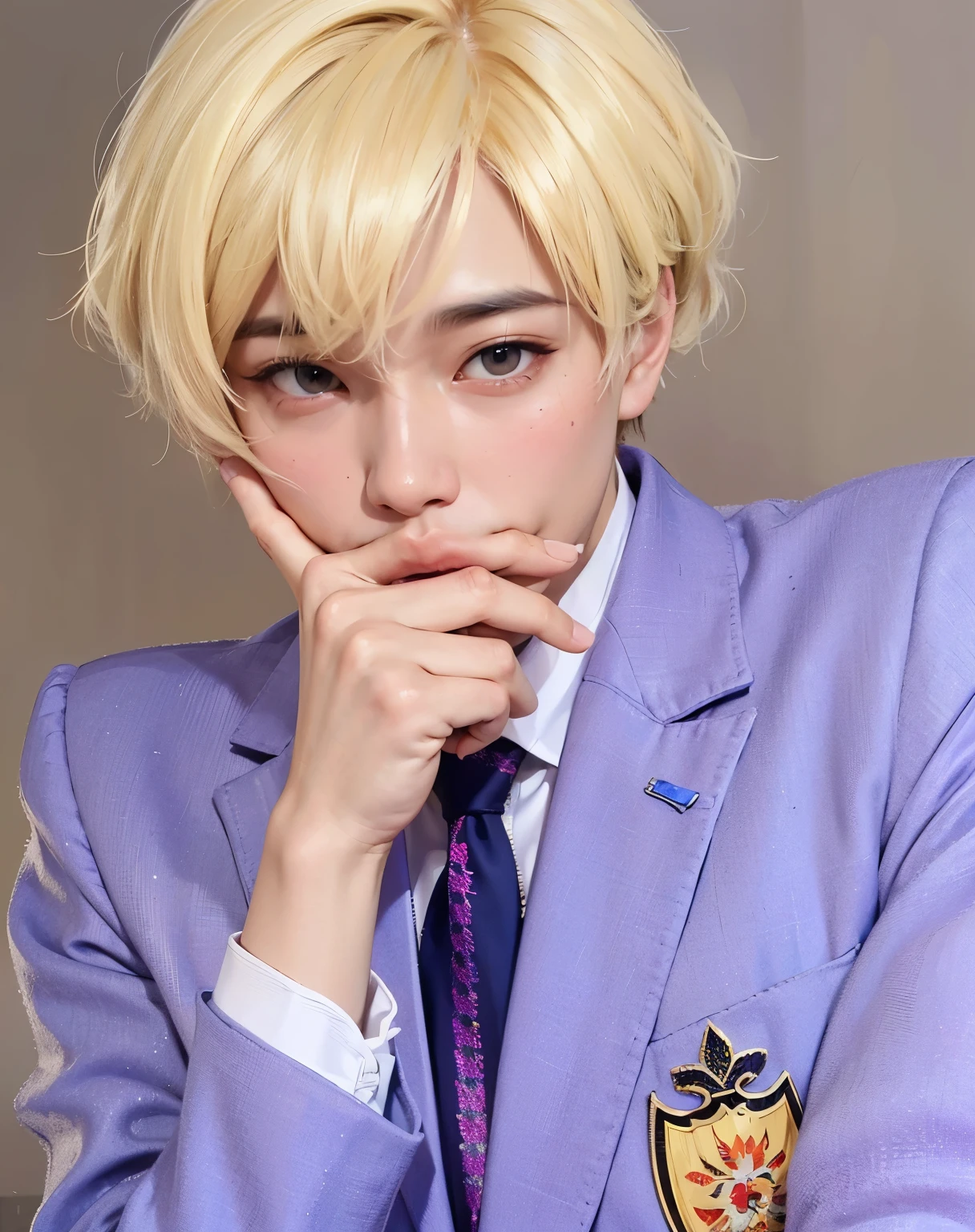 best quality,ultra-detailed, highres,masterpiece:1.2),portrait,asian man with blue shirt and tie, Jimin,plump lips, Park Jimin-inspired aesthetic, swollen right eyelid of Jimin, Greek nose of Jimin, inspired by Bian Shoumin, elongated neck, vivid colors,soft lighting