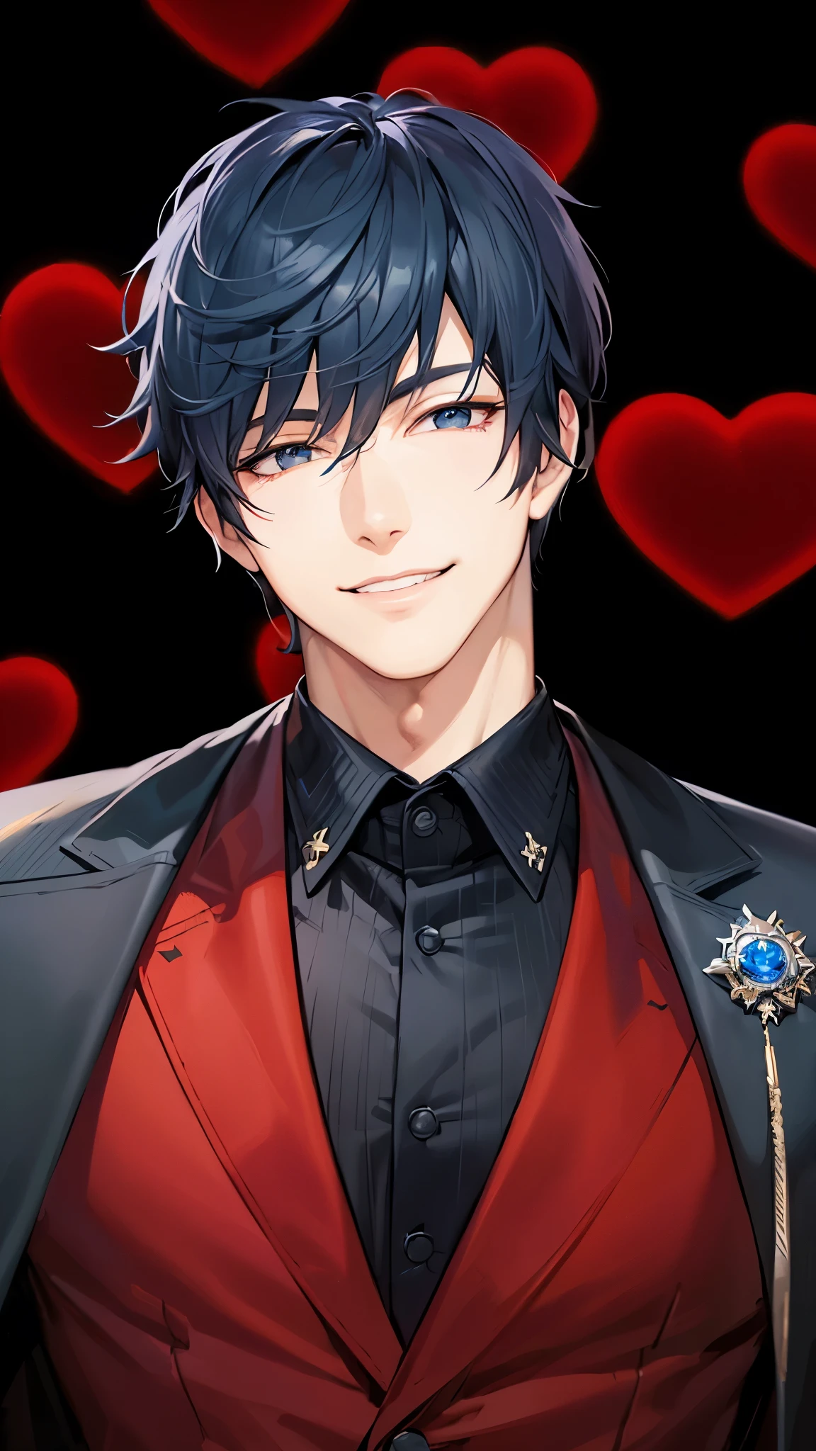 a handsome guy,cool look、Blue-black hair、Japanese style、Highly detailed CG Unity 8K wallpaper, (super masterpiece, Beautiful person, detailed face、Dirty smile, realistic, surreal),Glitter backgrounds
