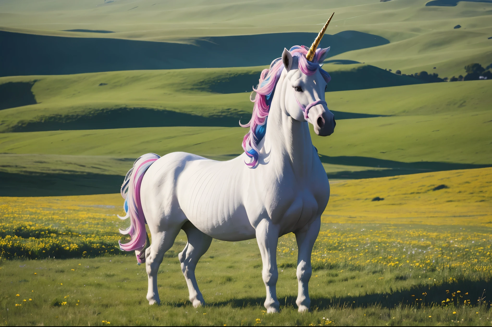 (masterpiece, best quality), best resolution, unicorn in a meadow, wide shot