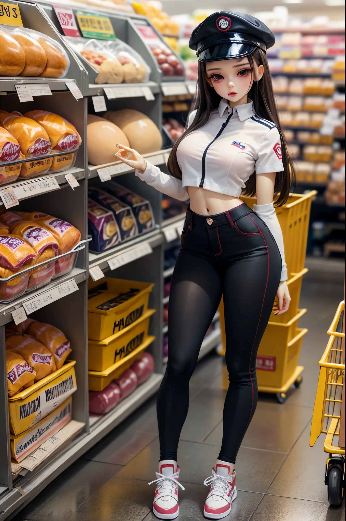 Beautiful and cute ball joint doll, wearing a jk uniform, posing in a seductive pose, in a supermarket cart.