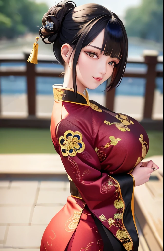 (masterpiece:1.2), (best quality:1.2), perfect eyes, perfect face, volumetric lighting, 1girl, mature female wearing edghanfu, edghanfu, short black hair, top knot, black and gold clothes, smiling,  hands joined in front, green eyes, huge breasts, tight fit, floral pattern, fish pattern, silk, embroideries, long nails, makeup, thick eyelashes, rings, standing in a chinese garden, detailed background, midday  