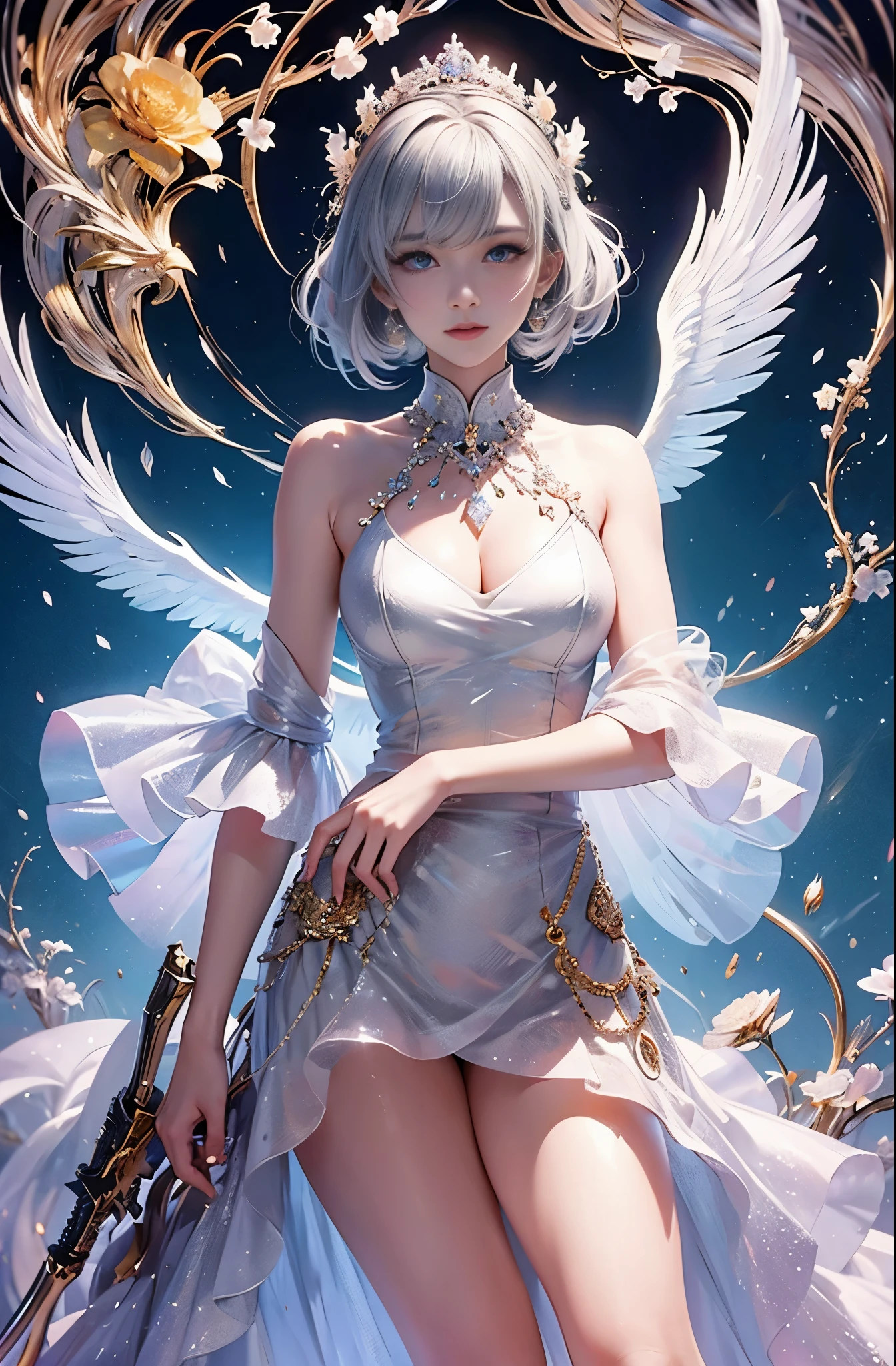 8K、real photo、ultra high resolution, Master Parts, best quality, ticker , cinematic images,nice girl、Ann、16talent、Annグロサクソン人、eyes are purple、double eyelid、very垂れ目、(very, very大きな瞳:1.9)、Dark eye shadow、very薄い唇、The tip of the nose stretches beautifully..、the tip of the nose is small,,,,, very detailed ,silver hair、straight hair、very smiling、 sweet look 、very beautiful woman、long legs、chest is big、 Very clear shadows , jewelry , detailed eyes, shiny skin , パーフェクトブリリAnnト, perfect writing, dramatic shadow 、she is wearing a white see-through dress、Gold embroidery covers the entire surface of the dress、White high heels、White tiara on head、gold necklace、Angel wings on the back、holding a bouquet in both hands