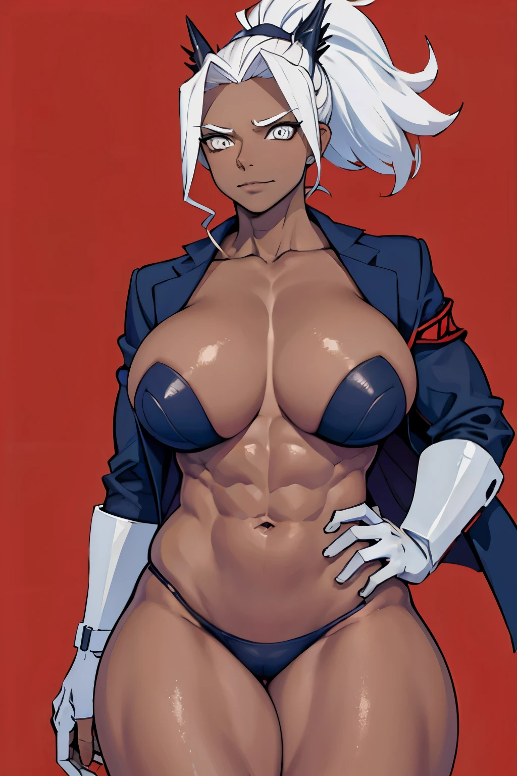 1 girl, judgement, colored skin, jacket, ((muscular body)), (thick thighs), (big breasts)