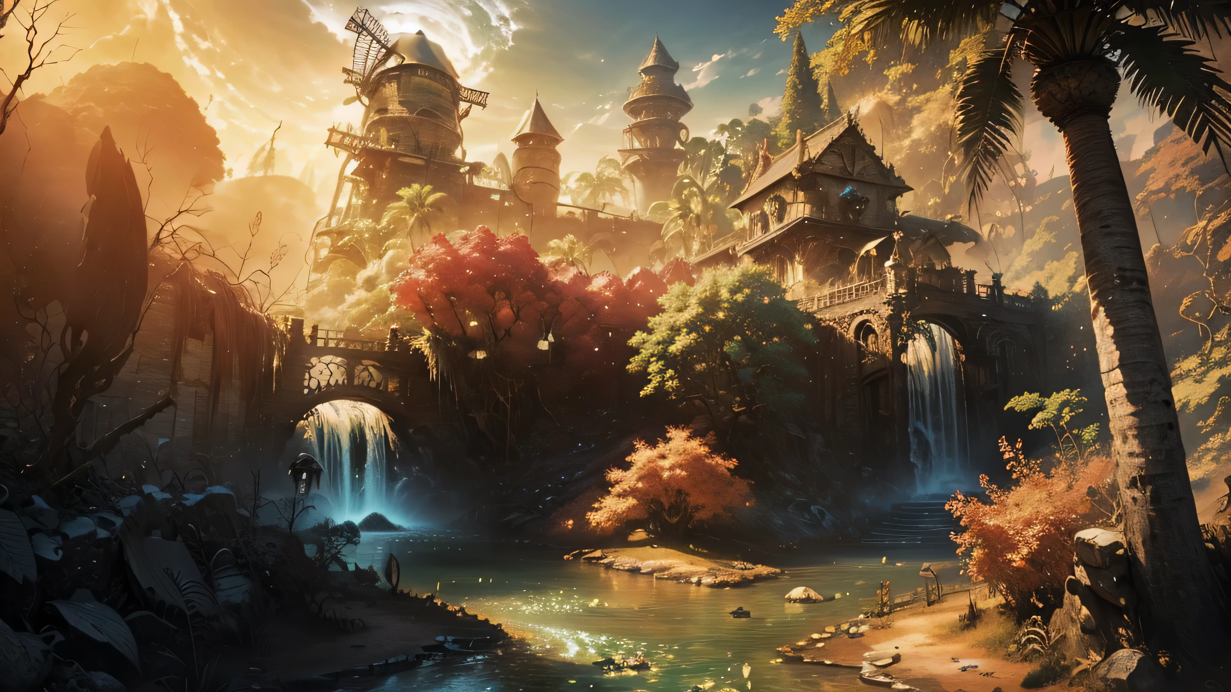 Gigantic colorful trees with many vines, Palmeiras, Coqueiro, fallen logs, a watermill with a waterwheel, moinho de vento, uma cachoeira exuberante, rio com grandes pedras hiper-realistas, sky with clouds, sol, Lua, global illumination, profundidade de campo, Efeito vidro quebrado, sem fundo, splendid, algo que nem existe, Being mythical, energia, molecular, Texturas, iridescente e luminescente, breathtaking beauty, pure perfection, Divine Presence, unforgettable, Impressionante, breathtaking beauty, volumetric light, auras, raios, cores vivas refletemlight, auras, raios, cores vivas refletem, aquarela, oil color, trends on artstation, sharp focus, studio photo, detalhes intrincados, altamente detalhado,