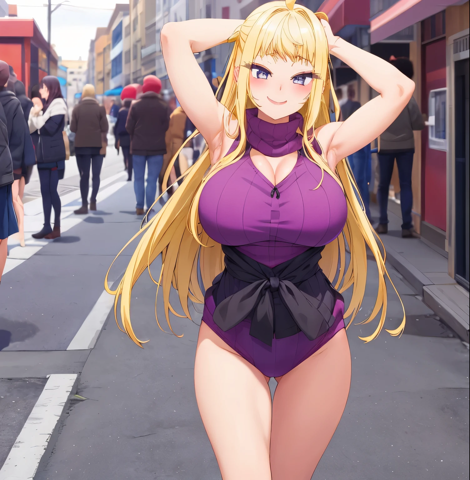 1girl, alone, minami fuyuki masterpiece,best quality,highres,ultra-detailed,bbminami,long hair,large breasts,ahoge,sweater,turtleneck,street,smile,standing,sleeveless,arm_behind_head,arms_up,long blonde hair, purple eyes, embarrassed, makeup, smiling, mouth closed, standing, street, walking, dusk,big breasts, medium waist, wide hips, medium thighs, cleavage