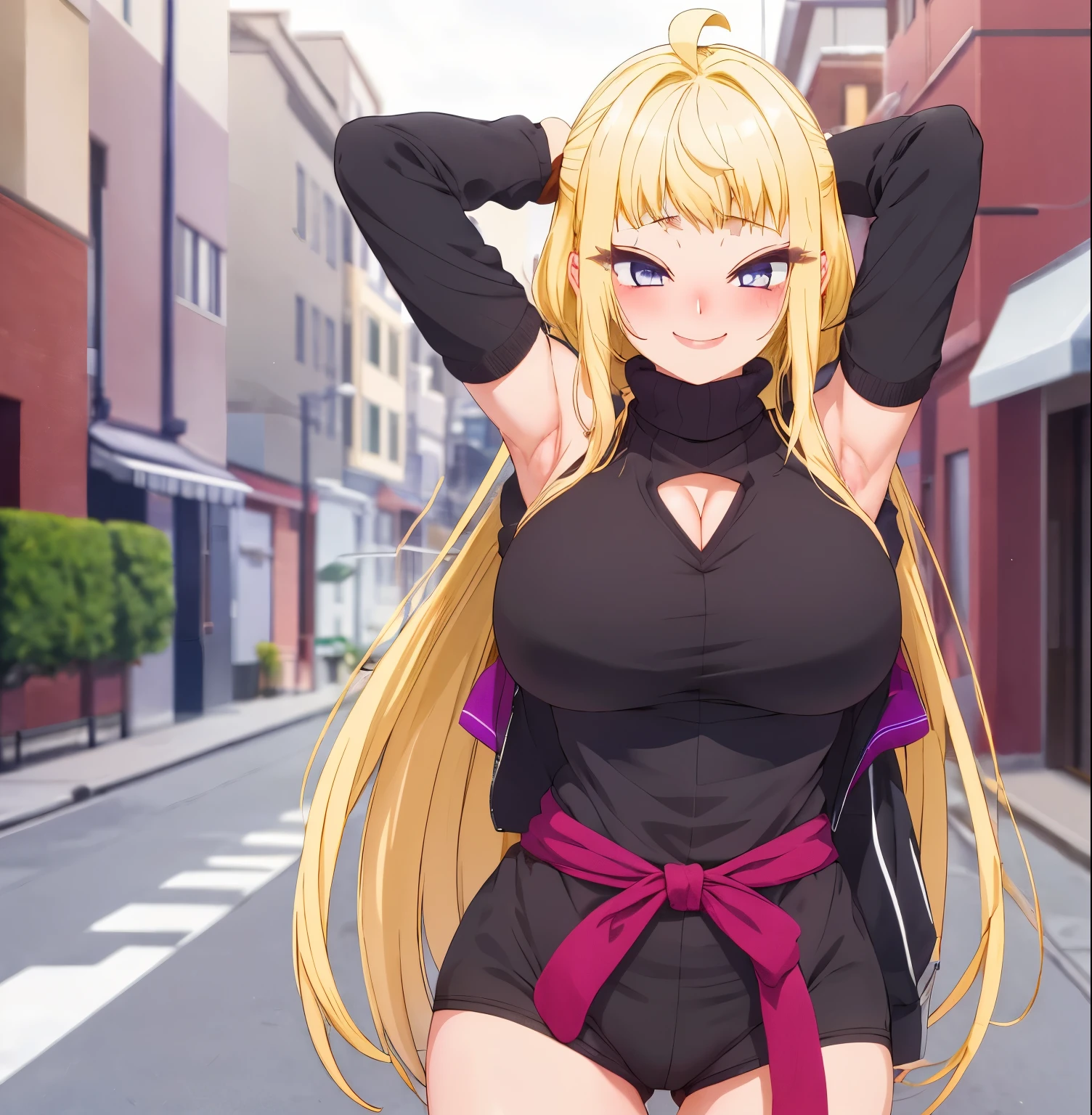 1girl, alone, minami fuyuki masterpiece,best quality,highres,ultra-detailed,bbminami,long hair,large breasts,ahoge,sweater,turtleneck,street,smile,standing,sleeveless,arm_behind_head,arms_up,long blonde hair, purple eyes, embarrassed, makeup, smiling, mouth closed, standing, street, walking, dusk,big breasts, medium waist, wide hips, medium thighs, cleavage