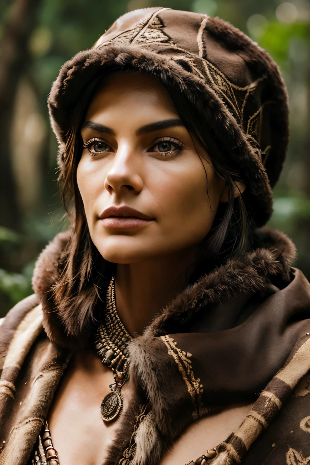 Prehistory figure in animal skin cloak and fur hat, earthy tones, intricately woven textiles, highly detailed, authentic textures and patterns, sharp focus, visible pore structure and natural veins, deep set brown eyes with expressive lines, professionally captured, 4k resolution, captivating gaze, filmed with a classic camera, prime lens, shallow depth of field, natural lighting, perfectly preserved, ultra-realistic representation, photorealistic technique, prehistoric artistry, ancient craftsmanship, nostalgic essence, 8k uhd resolution, immersive exploration.