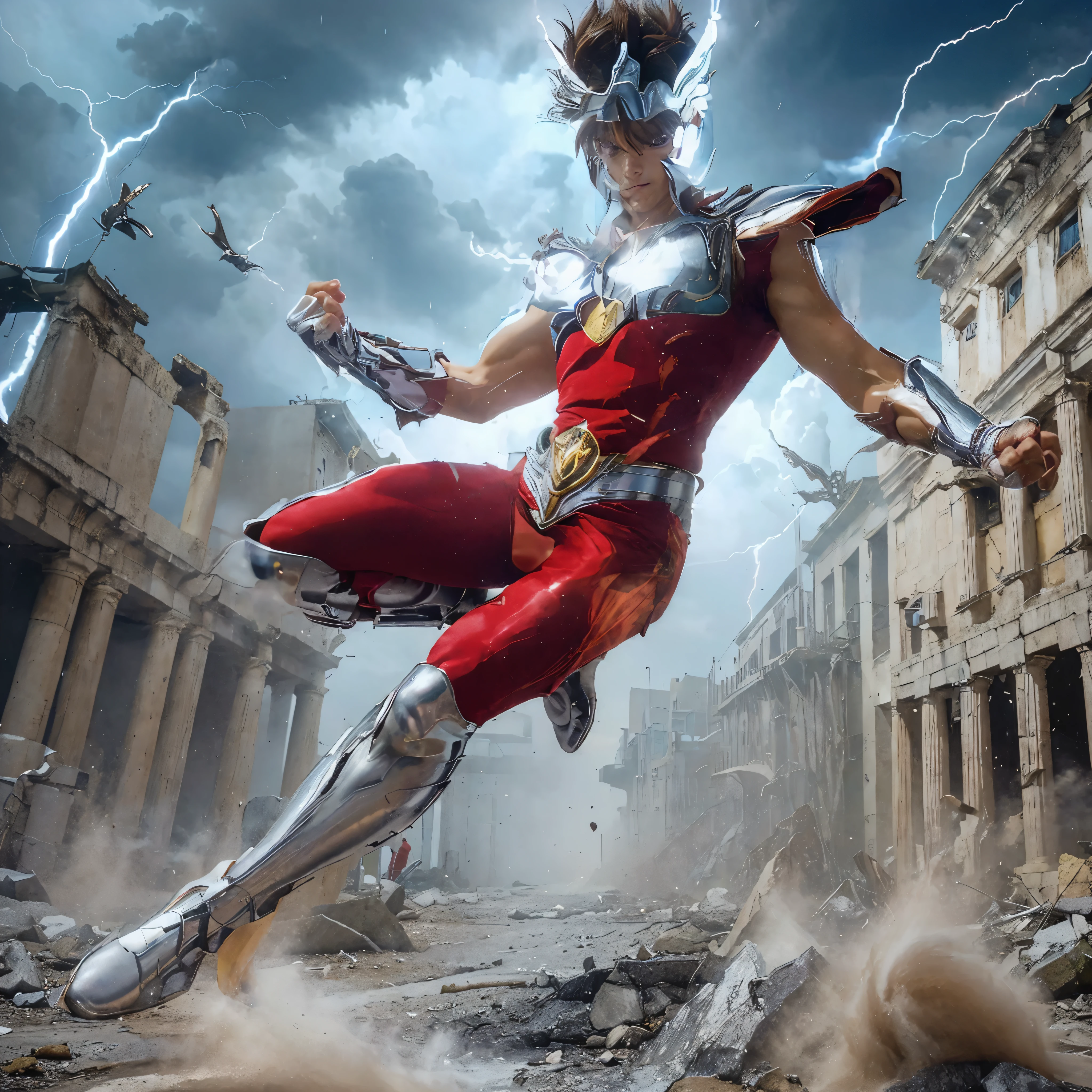 full body photo, real male human similar to Pegasus Seiya in the Saint Seiya movie, short brown Seiya model hair, very tight red short hand shirt and long pants, wearing silver headdress, chest protector, arms and legs, silver belt with blue light on the front, jumping and punching moves, destroyed Athens city background, Ultra HD, smoke and lightning effects, detailed and complicated, hyperrealistic, superrealistic facial skin, very realistic.