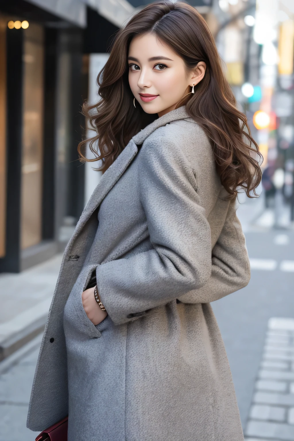 highest quality,ultra high resolution,Raw photo,1 girl,loose perm hair、dark brown hair、Japanese、loose perm hair、smile、professional photos、Same skin type as Humanra in the background、I draw it faithfully to the anatomy..、very detailed and beautiful、super high quality、Hair swaying and sexy、highly detailed beautiful girl、from head to waist、earrings、necklace、from head to waist.Sparkling、ロングcoat、coat、gray coat、looked back、winter、bag
