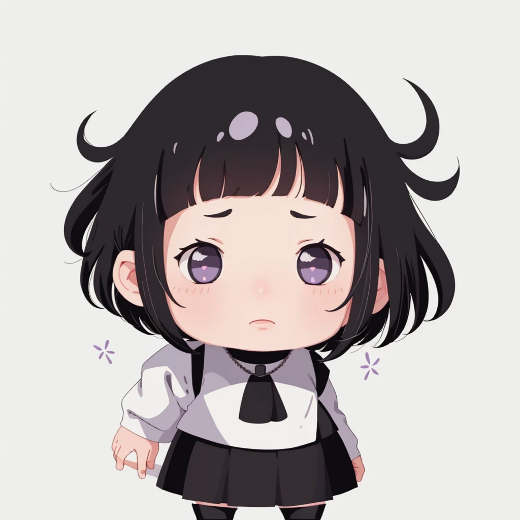 Hinata/Boruto、short hair、black hair、lilac eyes、One Woman, 独奏, (twitch emote:1), Chibi,  lilac eyes eyes, , anime style, white background, a sticker, Thick black outline,、clothing lilac turtleneck blouse, high waist black long skirt、black boots, Mini、Chibi Char、(Chibi Chara) (chibi), one woman