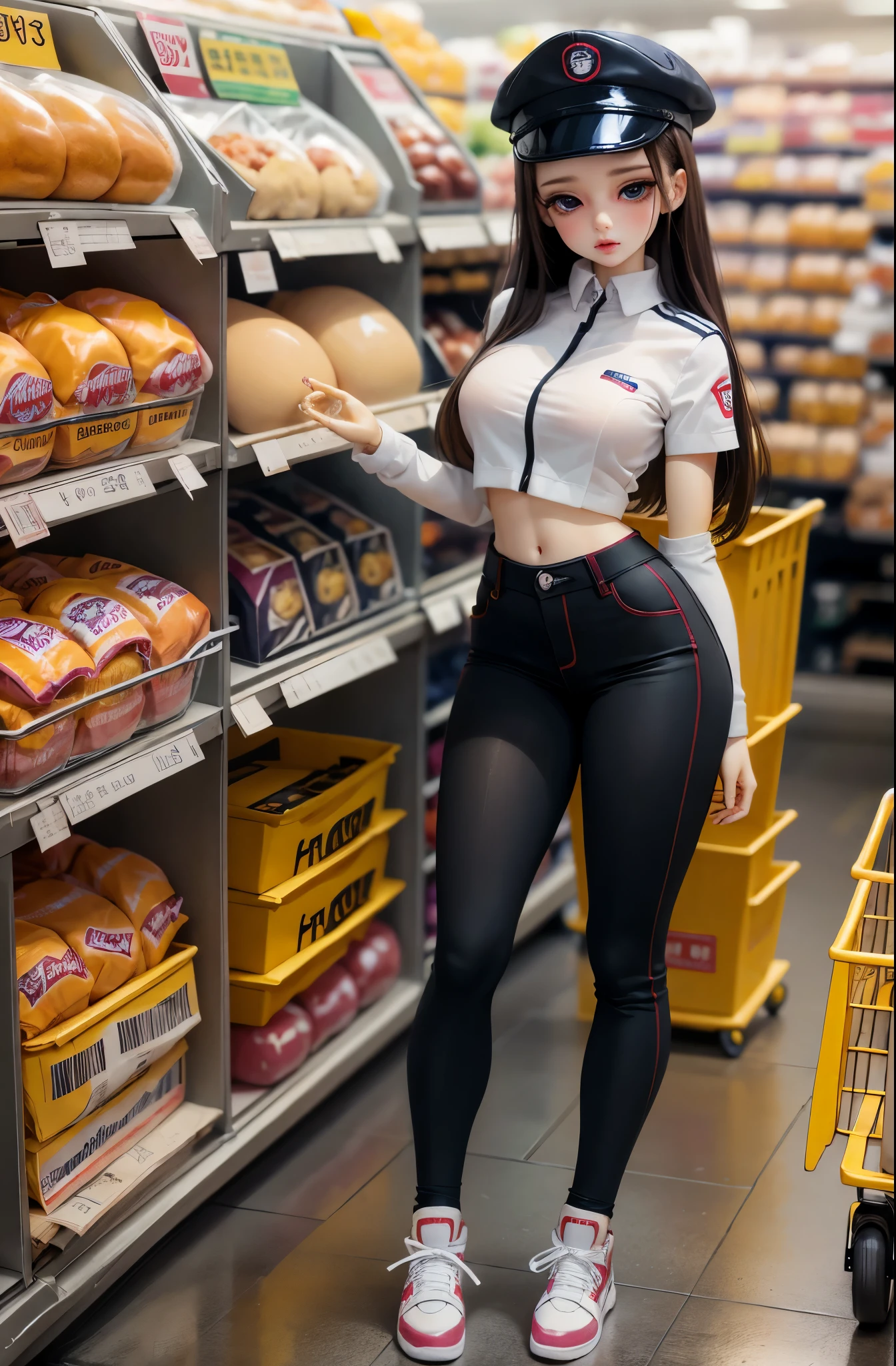 Beautiful and cute ball joint doll, wearing a jk uniform, posing in a seductive pose, in a supermarket cart.