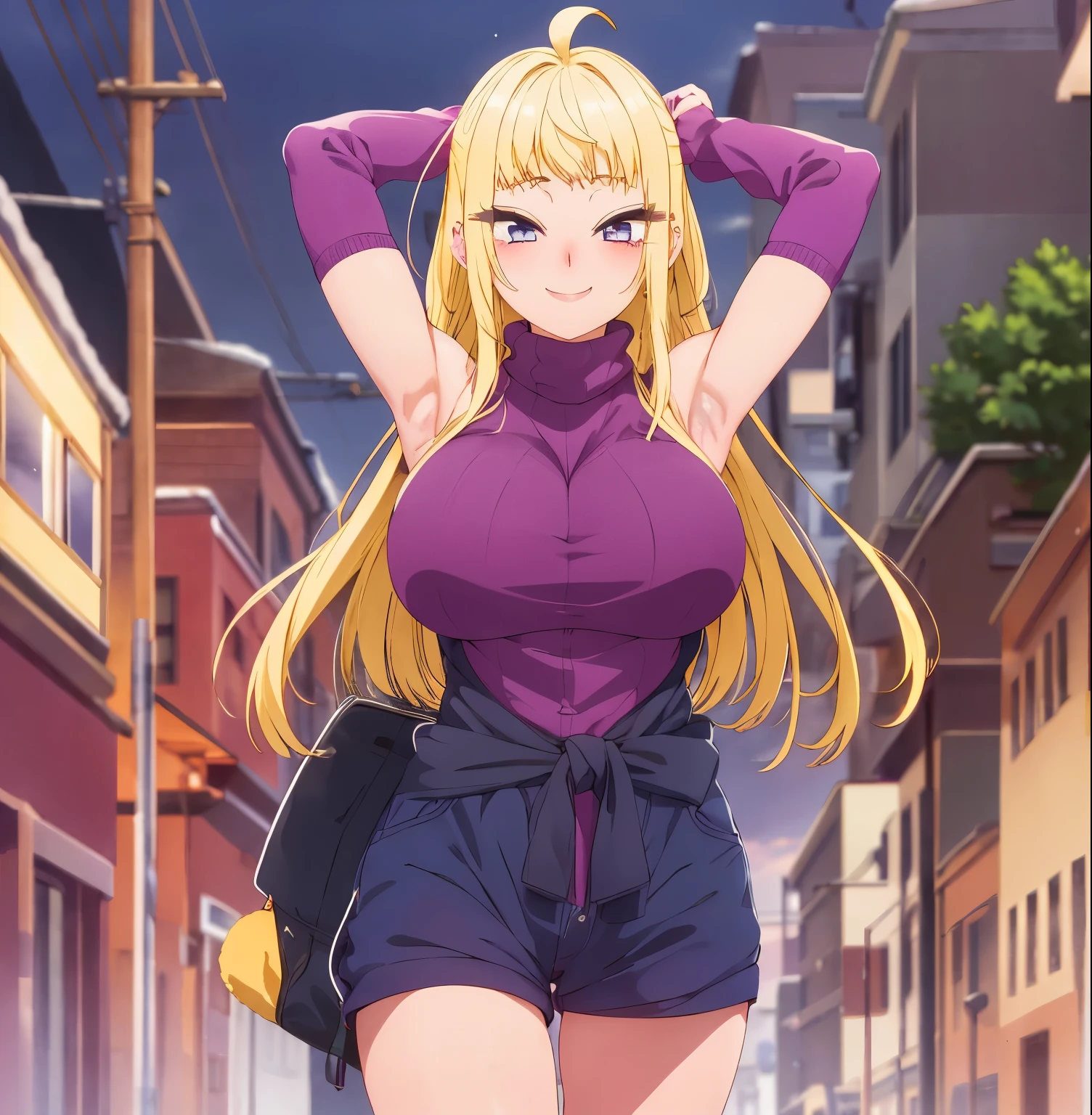 1girl, alone, minami fuyuki masterpiece,best quality,highres,ultra-detailed,bbminami,long hair,large breasts,ahoge,sweater,turtleneck,street,smile,standing,sleeveless,arm_behind_head,arms_up,long blonde hair, purple eyes, embarrassed, makeup, smiling, mouth closed, standing, street, walking, dusk,big breasts, medium waist, wide hips, medium thighs, cleavage